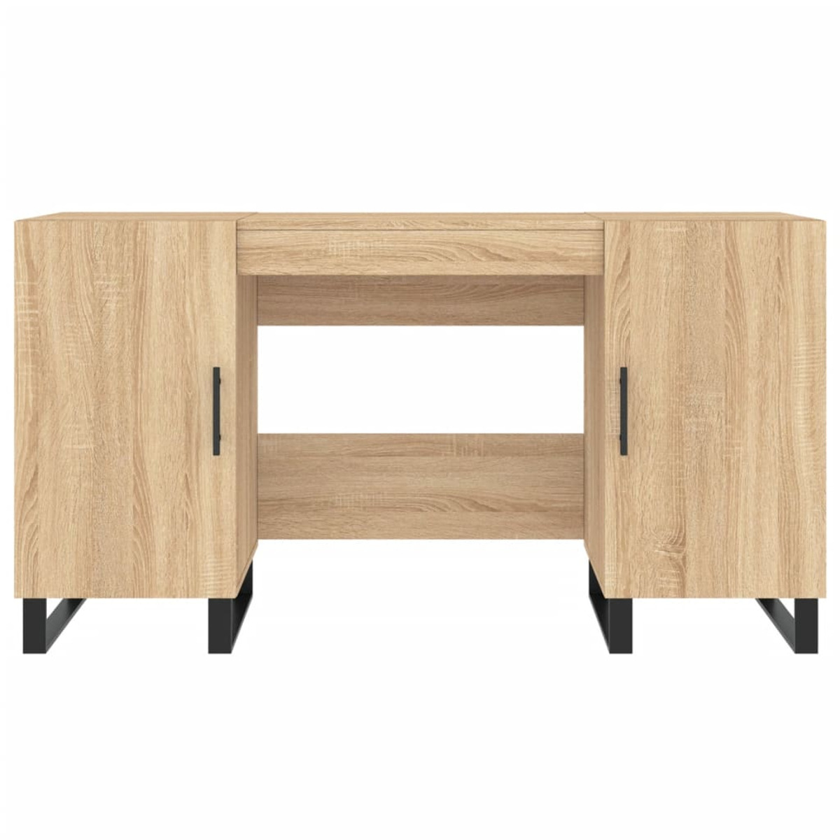 Ein helles Holzschreibtisch mit zwei Schränken, schwarzen Griffen und schwarzen Metallbeinen auf weißem Hintergrund.