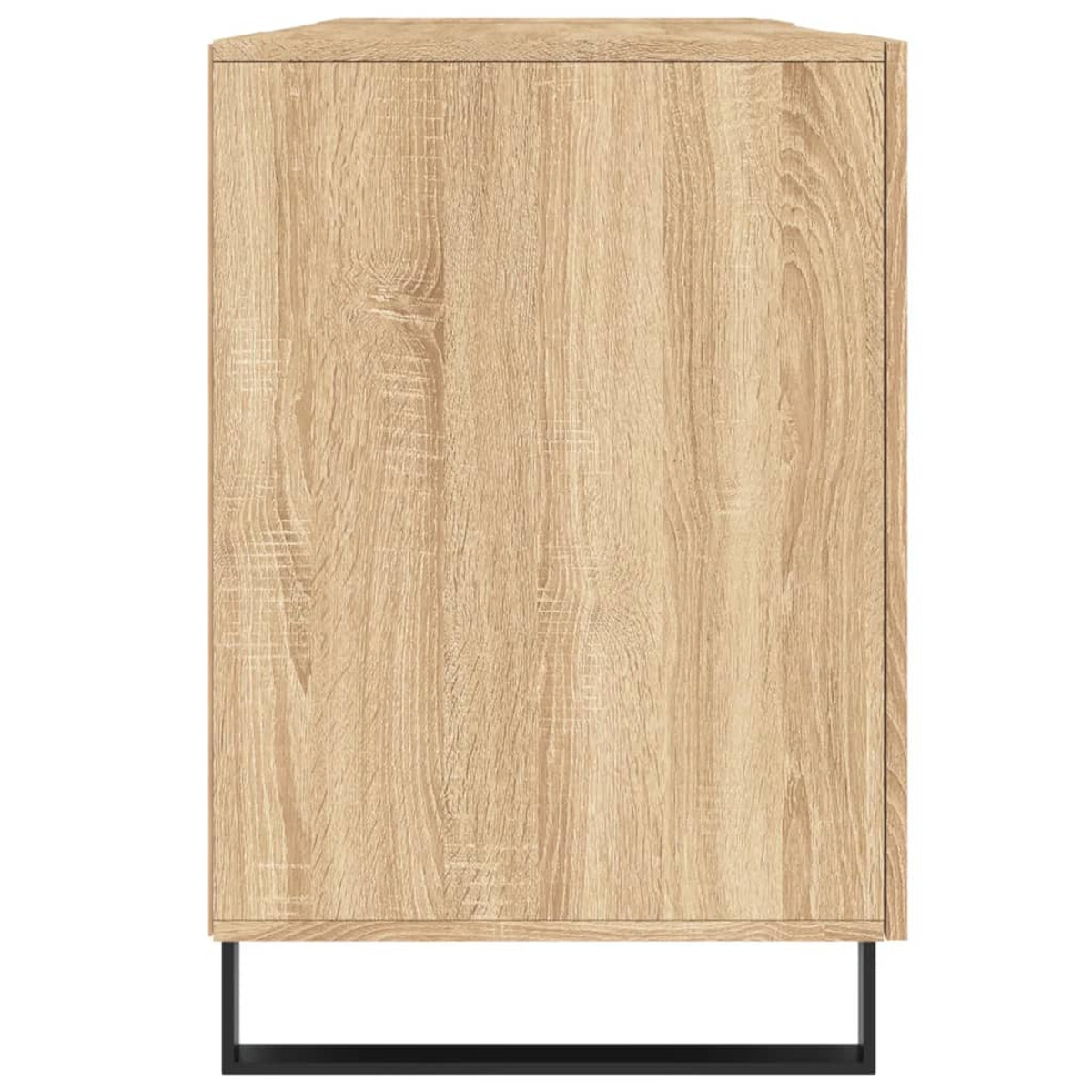 Ein kleiner Holzschrank mit heller Eichenmaserung steht auf einem schwarzen Metallgestell.