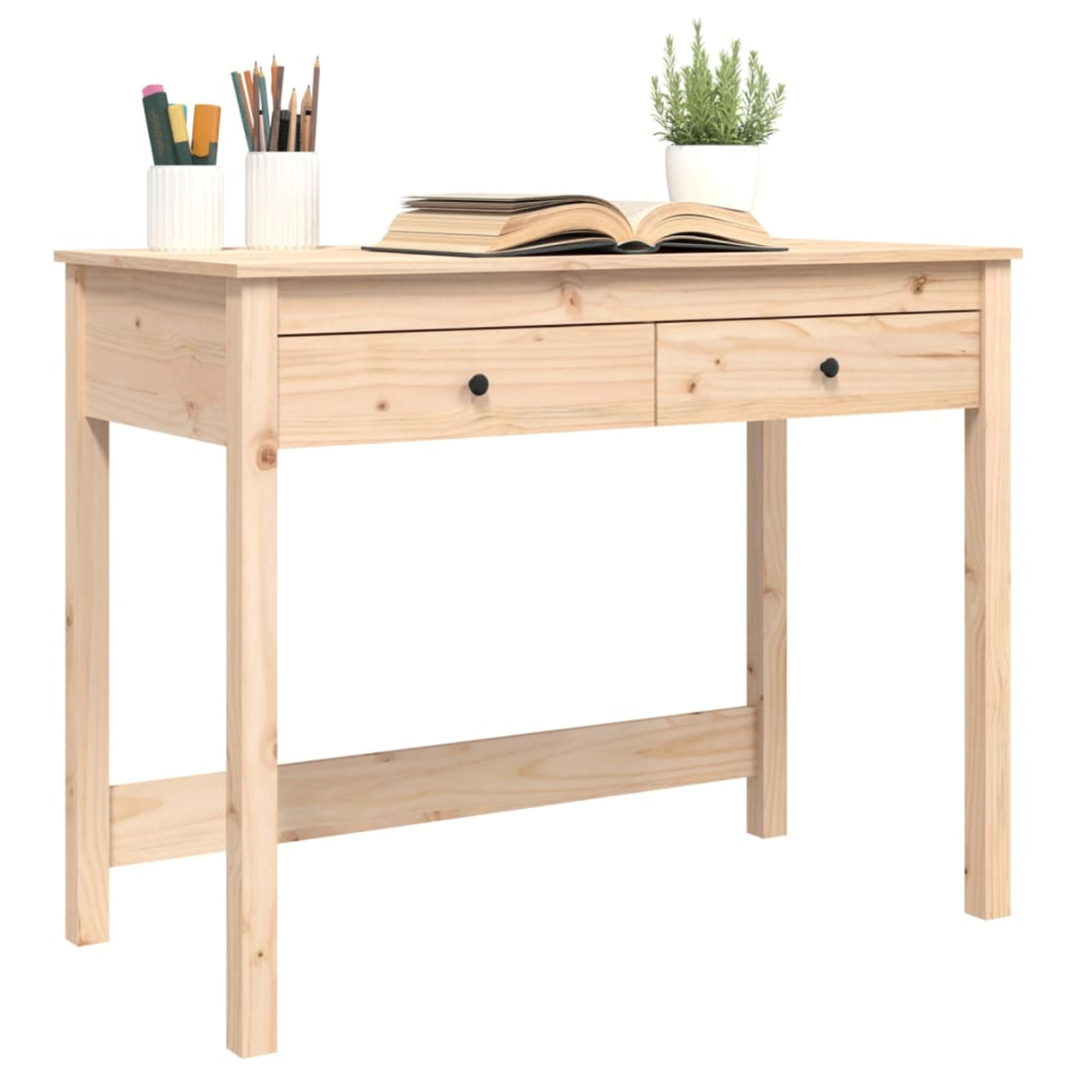 Ein heller Holztisch mit zwei Schubladen, darauf ein offenes Buch, Stifte in Bechern und eine kleine Topfpflanze.