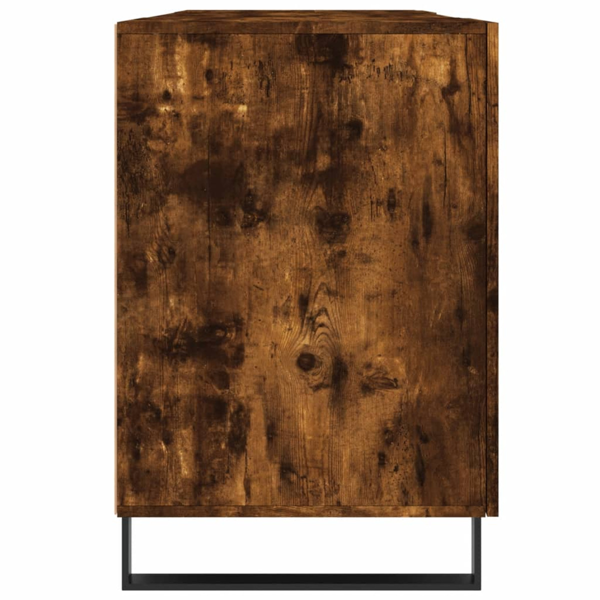 Ein Holzschrank mit dunkelbraunem Finish und schwarzem Metallgestell auf weißem Hintergrund.