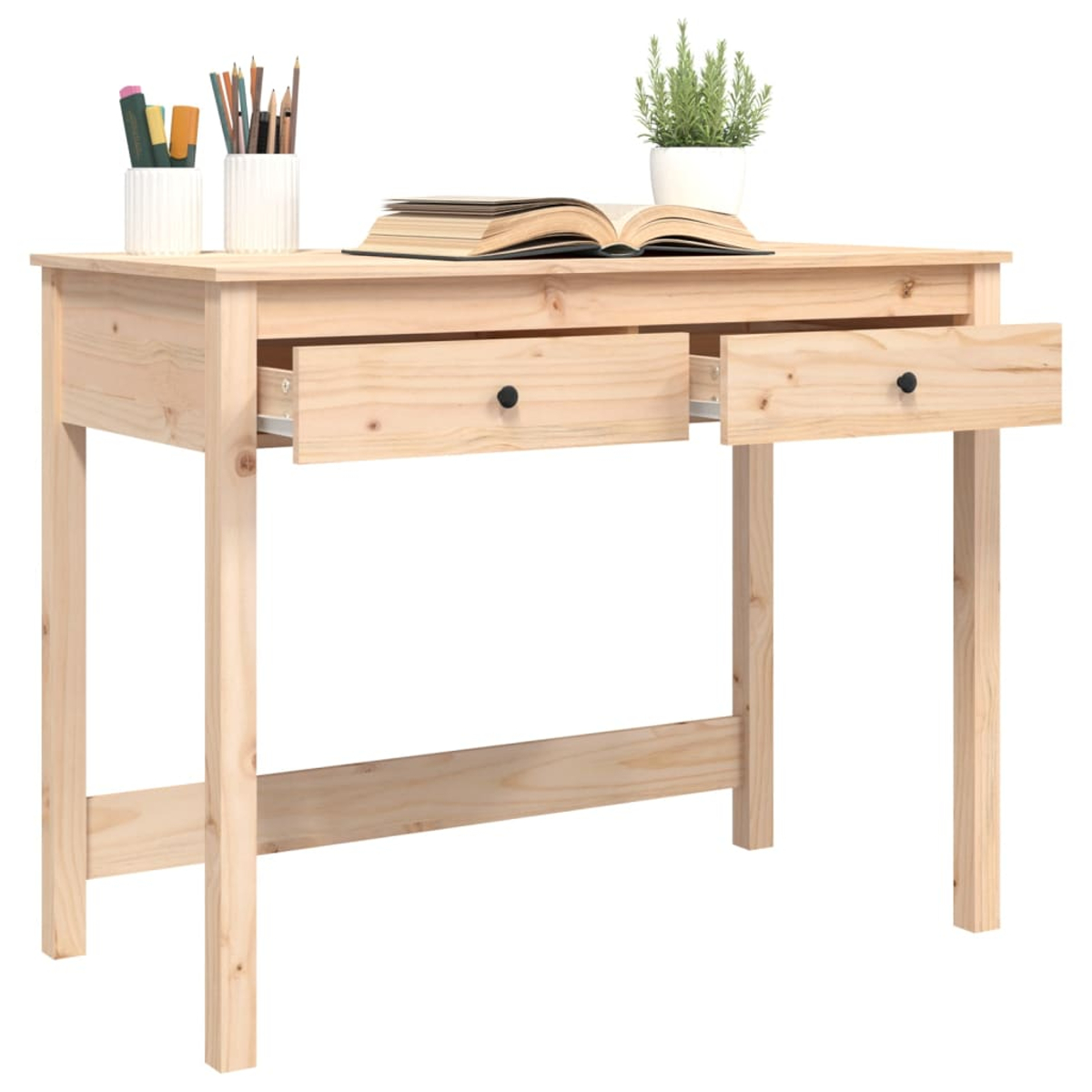 Ein helles Holzdisplay mit zwei offenen Schubladen, einem offenen Buch, Stifthaltern und einer Topfpflanze.