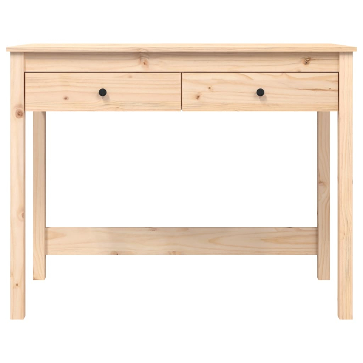 Ein heller Holztisch mit zwei Schubladen und kleinen schwarzen Knöpfen, frontal vor weißem Hintergrund.