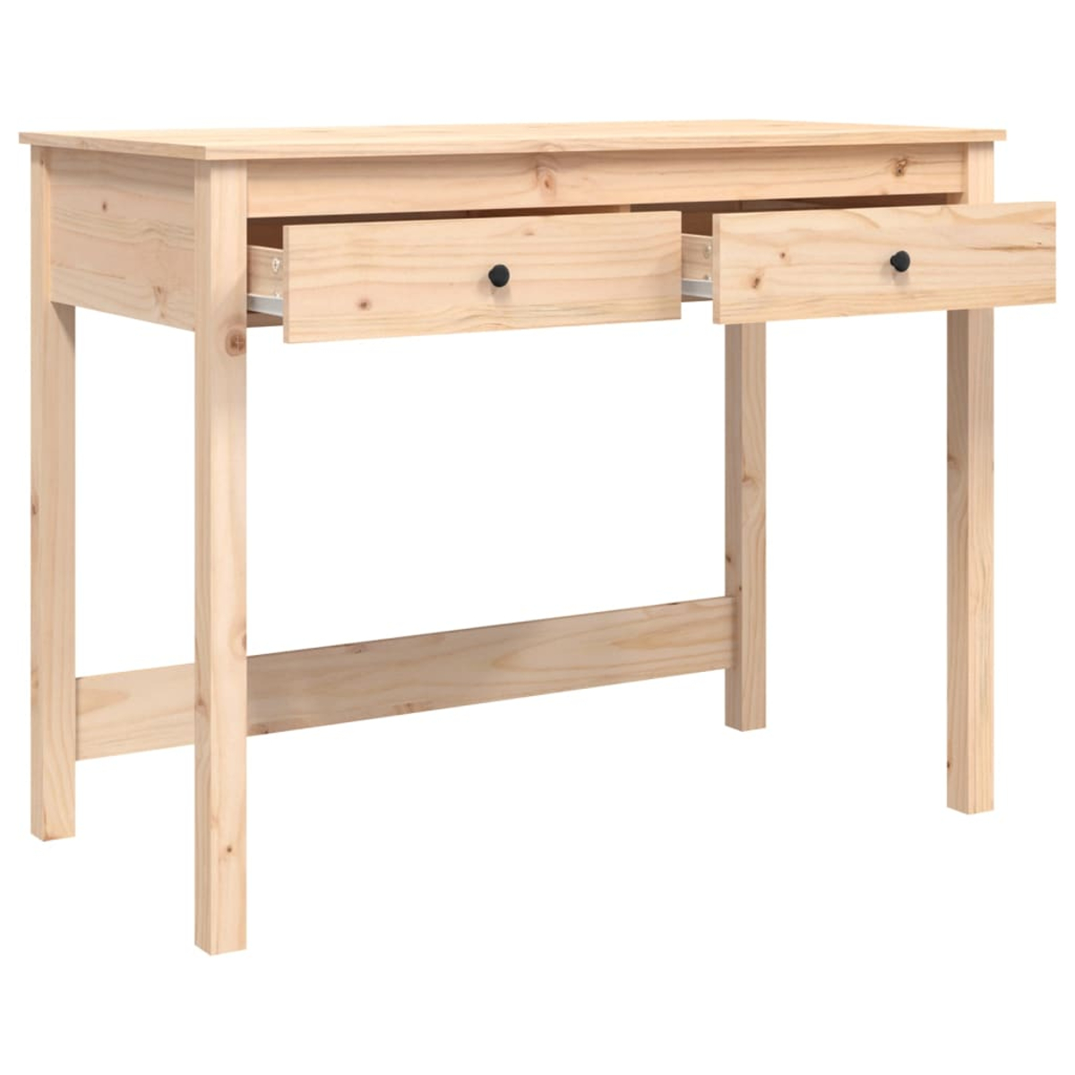 Ein hölzerner Schreibtisch mit zwei geöffneten Schubladen und kleinen schwarzen Knöpfen auf weißem Hintergrund.
