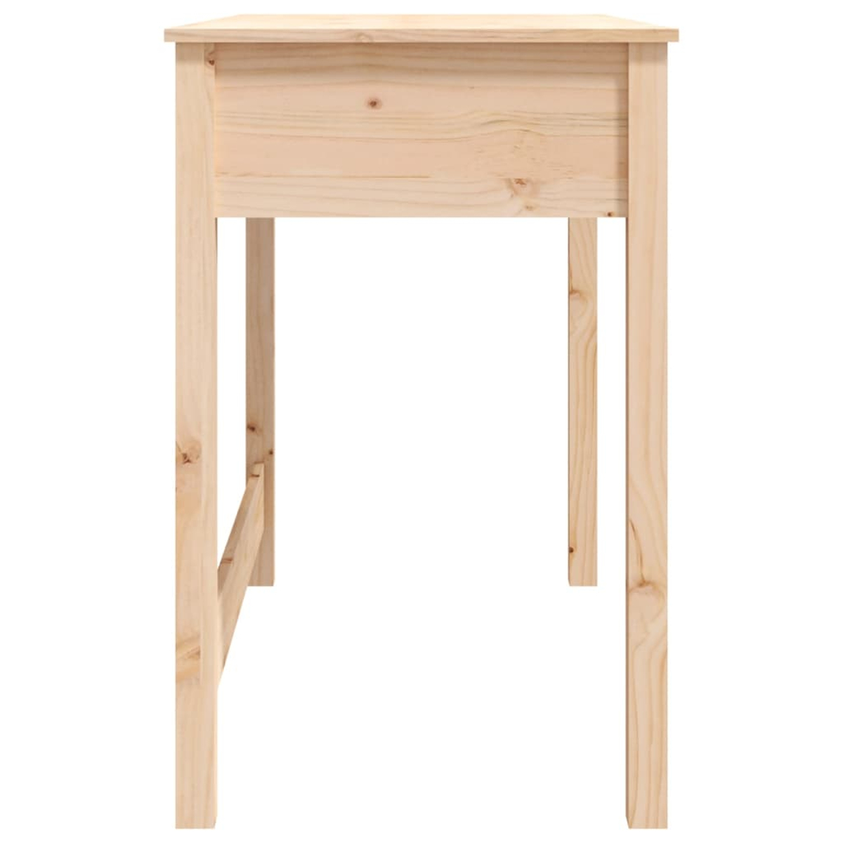 Ein einfacher Holztisch mit vier geraden Beinen und sichtbarer Holzmaserung vor weißem Hintergrund.