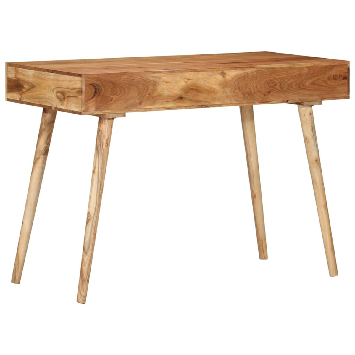 Un escritorio de madera con cuatro patas angulares y veta visible sobre fondo blanco.