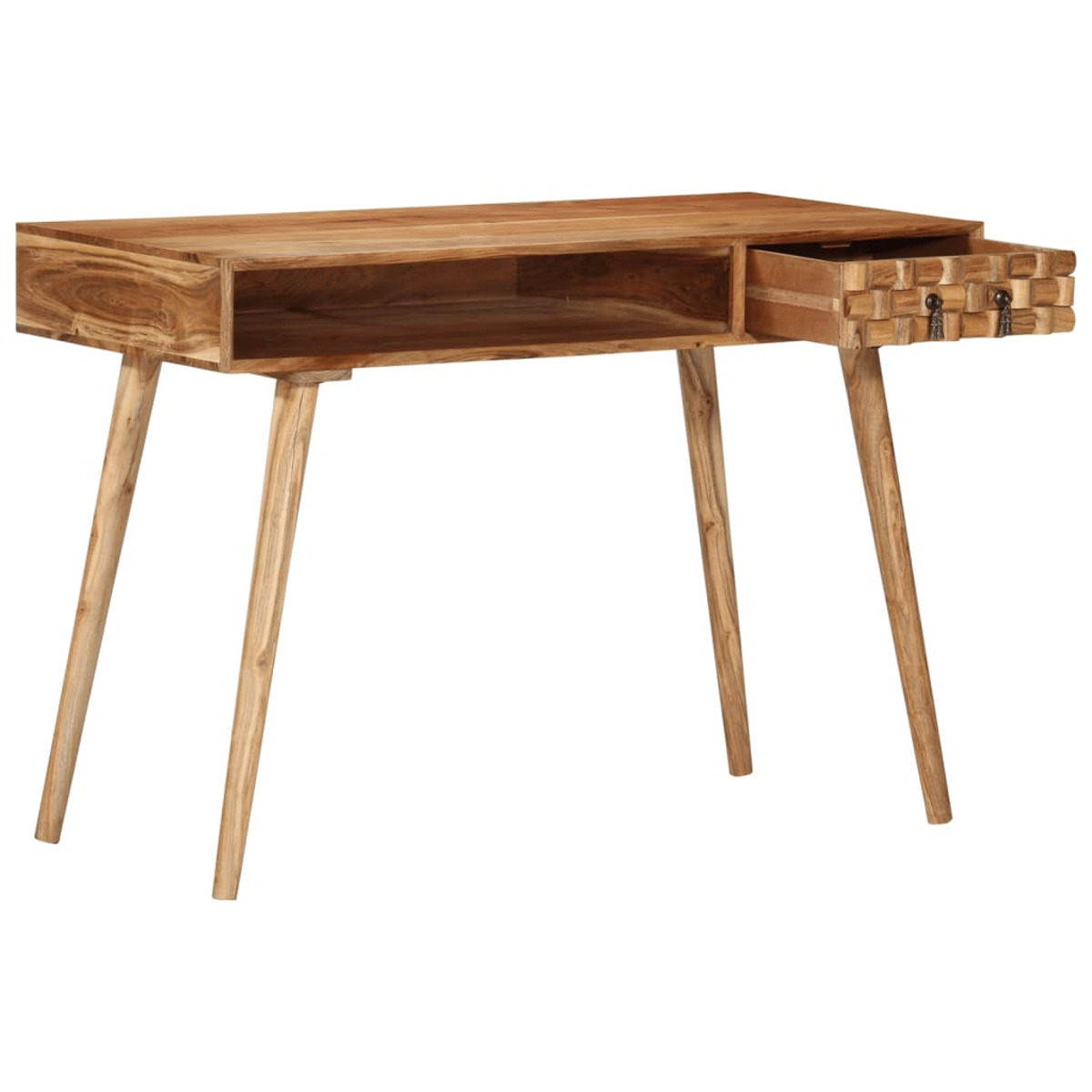 Un escritorio de madera con cuatro patas inclinadas, un compartimento abierto y un cajón tallado extraído, sobre fondo blanco.