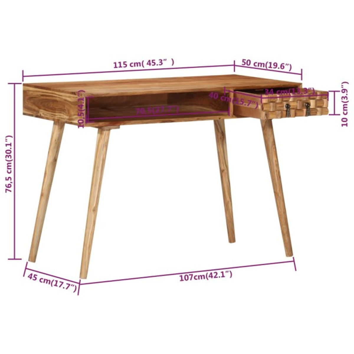 Escritorio de madera con dimensiones en cm y pulgadas, cuatro patas cónicas y un cajón abierto.