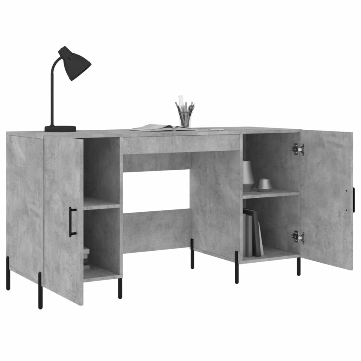 Grauer Schreibtisch in Betonoptik mit schwarzen Metallbeinen, offenen und geschlossenen Fächern, Lampe und Büchern.