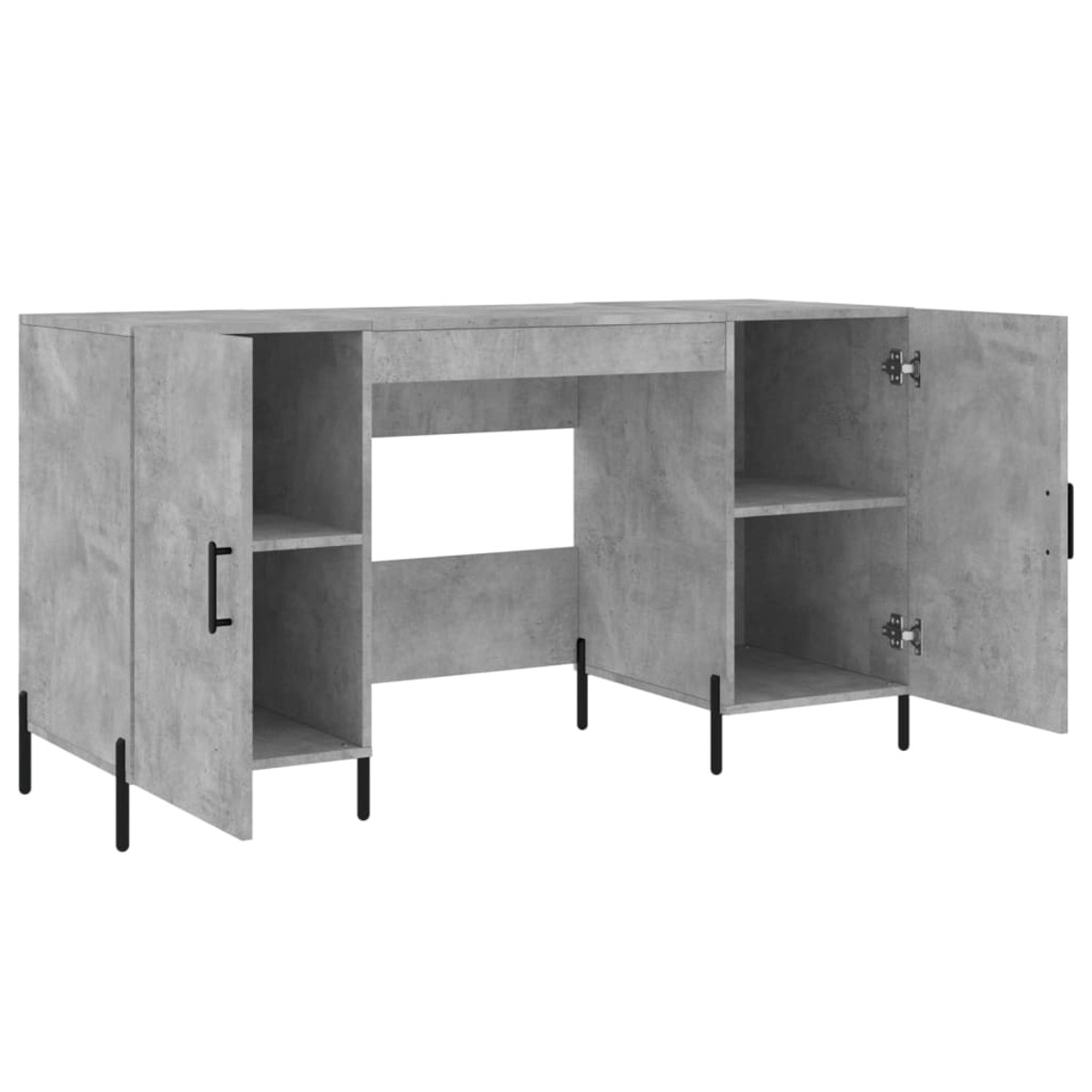 Grauer Schreibtisch in Betonoptik mit offenen Regalen, Schränken mit schwarzen Griffen und dünnen Metallbeinen.