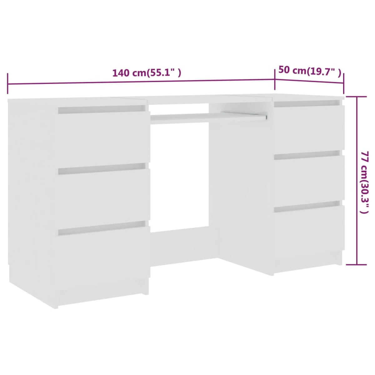 Weißer Schreibtisch mit sechs Schubladen, 140 cm breit, 50 cm tief und 77 cm hoch.