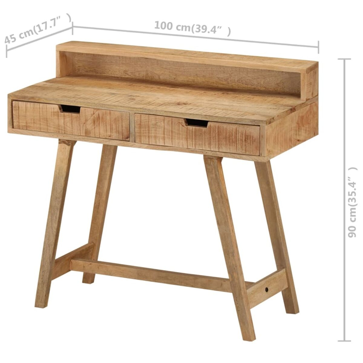 Ein hölzerner Schreibtisch mit zwei Schubladen, einem oberen Regal und Maßangaben in cm und Zoll.