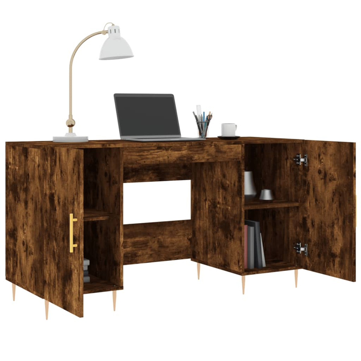 Un escritorio de madera oscura con armarios laterales que sostiene una computadora portátil, una lámpara, una taza y libros.