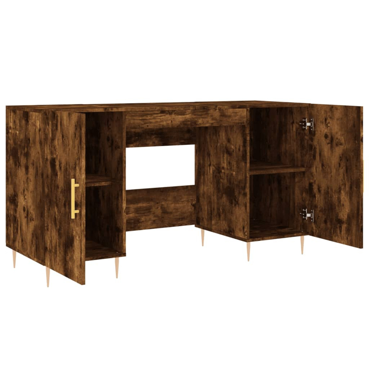 Escritorio de madera marrón oscura con gabinetes laterales abiertos, manijas doradas y patas delgadas de metal dorado.