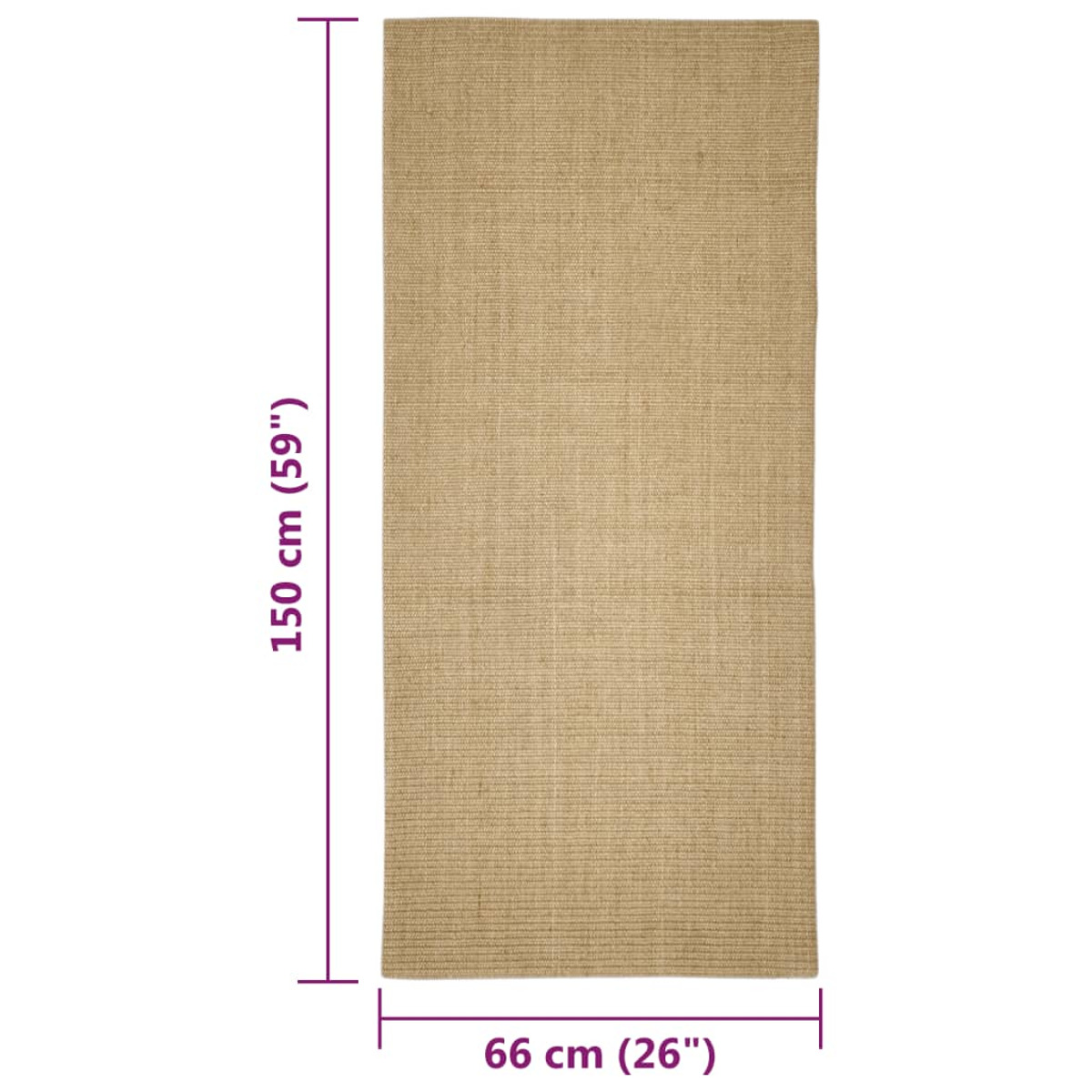 Ein rechteckiger, beiger Jute-Teppich mit den Maßen 150x66 cm auf weißem Hintergrund.