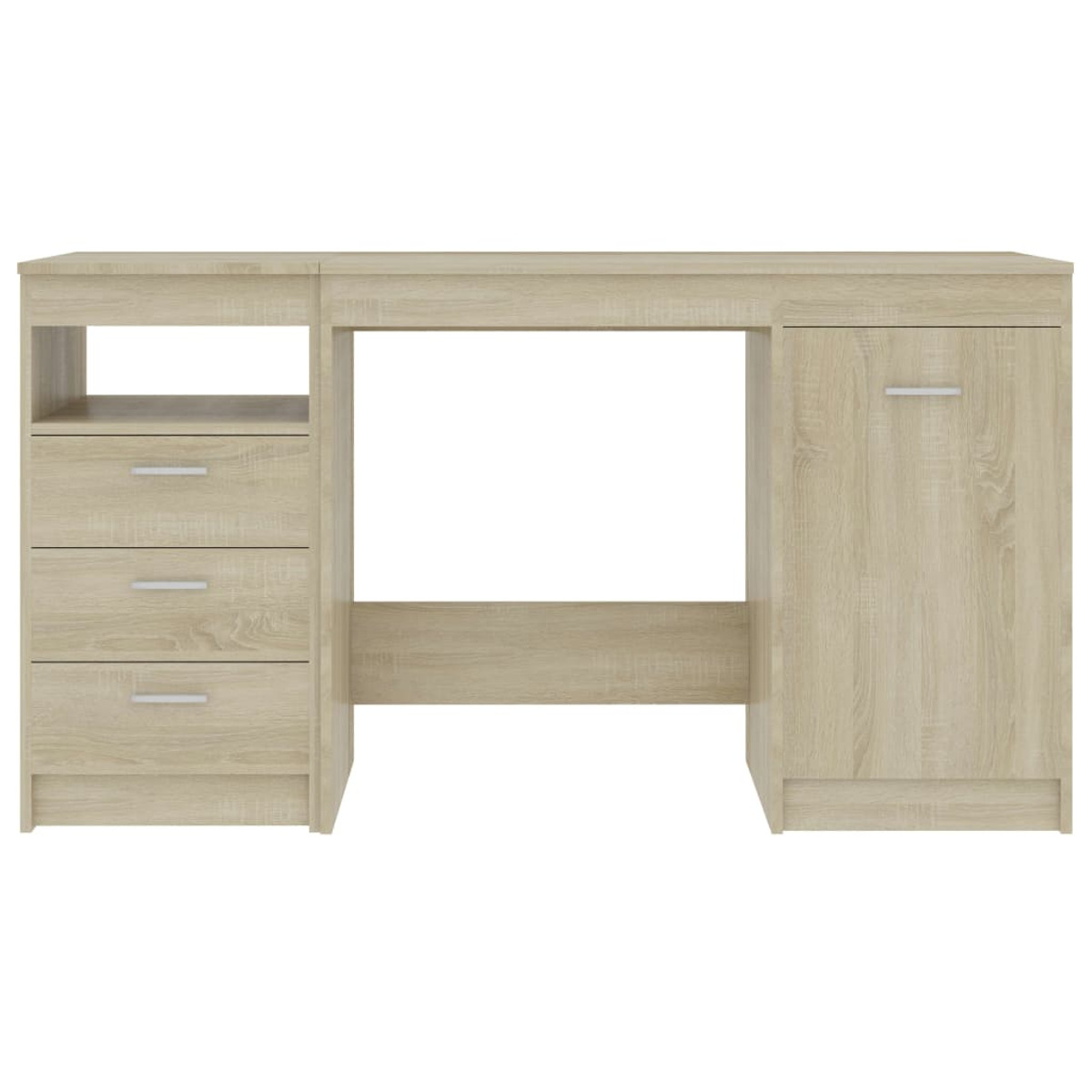 Ein hellbrauner Schreibtisch aus Holz mit drei Schubladen links, einem offenen Fach und einer Schranktür rechts.