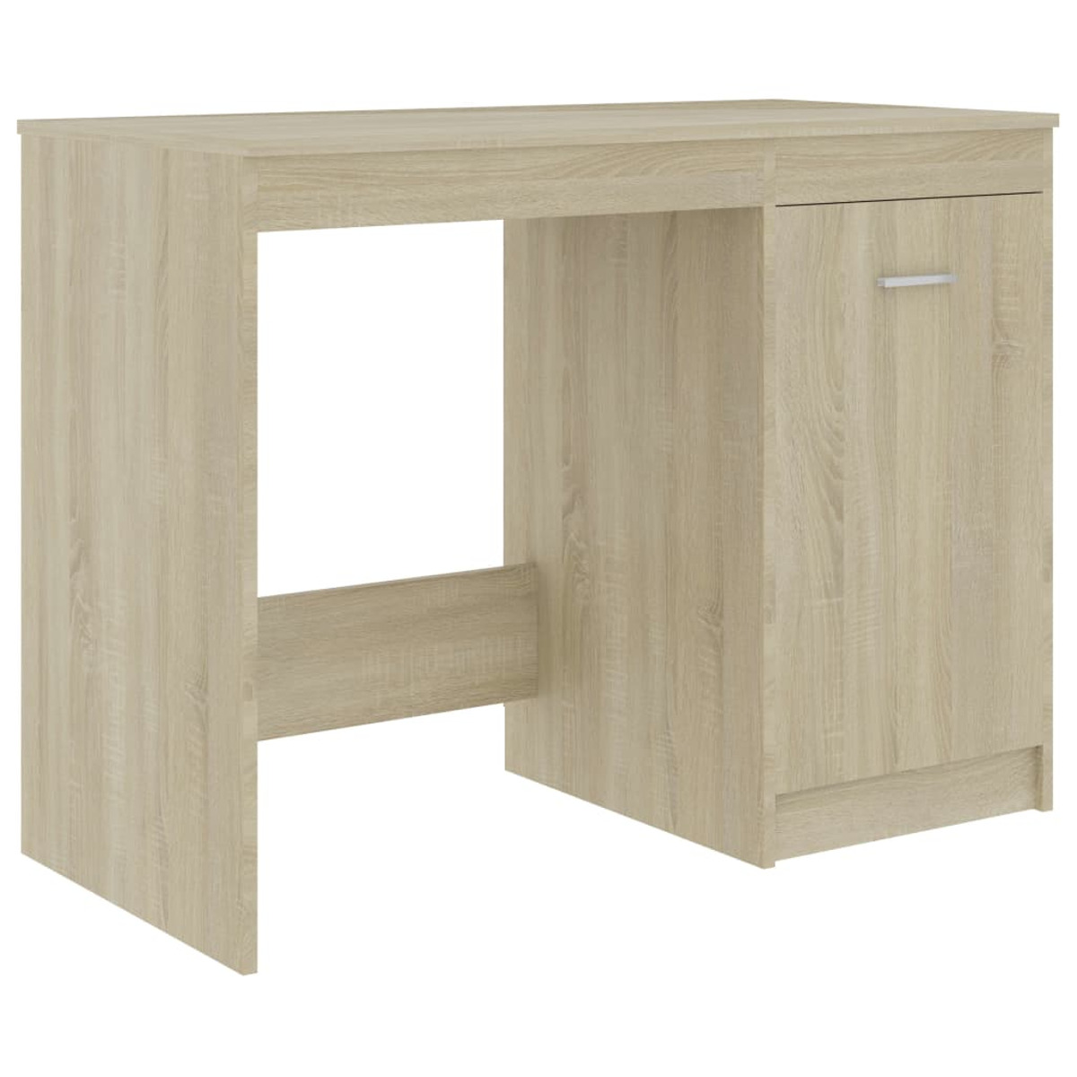 Ein heller Holztisch mit einem Schrank und einer silbernen Griffleiste auf einer weißen Hintergrundfläche.