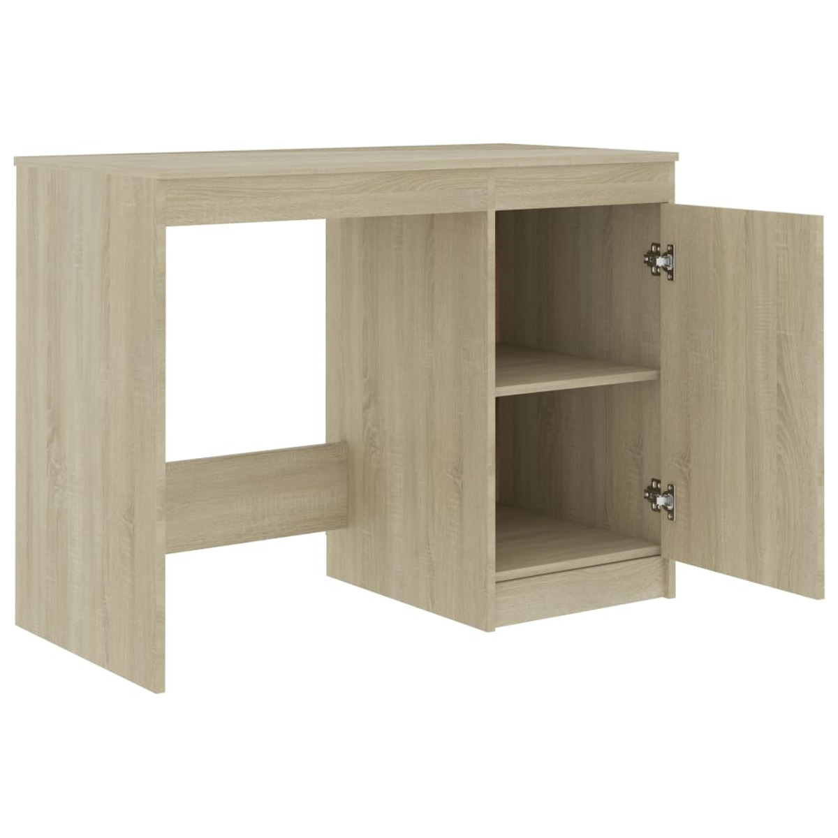 Ein heller Holztisch mit einem offenen Fach und einem Schrank auf der rechten Seite, dessen Tür geöffnet ist.
