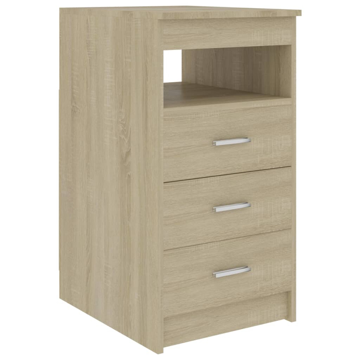 Ein hellbrauner Nachttisch aus Holz mit einem offenen Fach und drei Schubladen mit silbernen Griffen.
