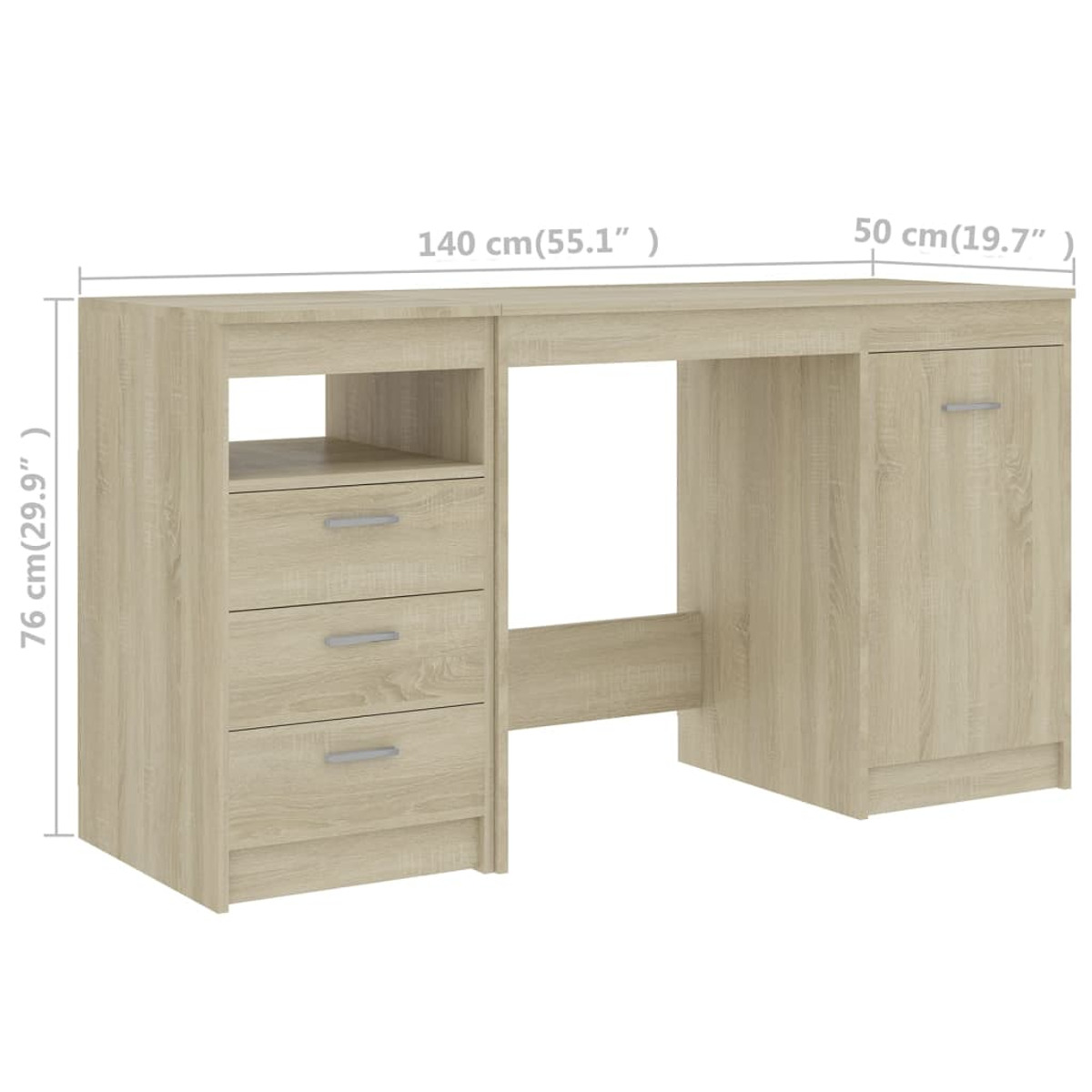 Holzfarbener Schreibtisch mit drei Schubladen und einem Schrank, Maße 140x50x76 cm.