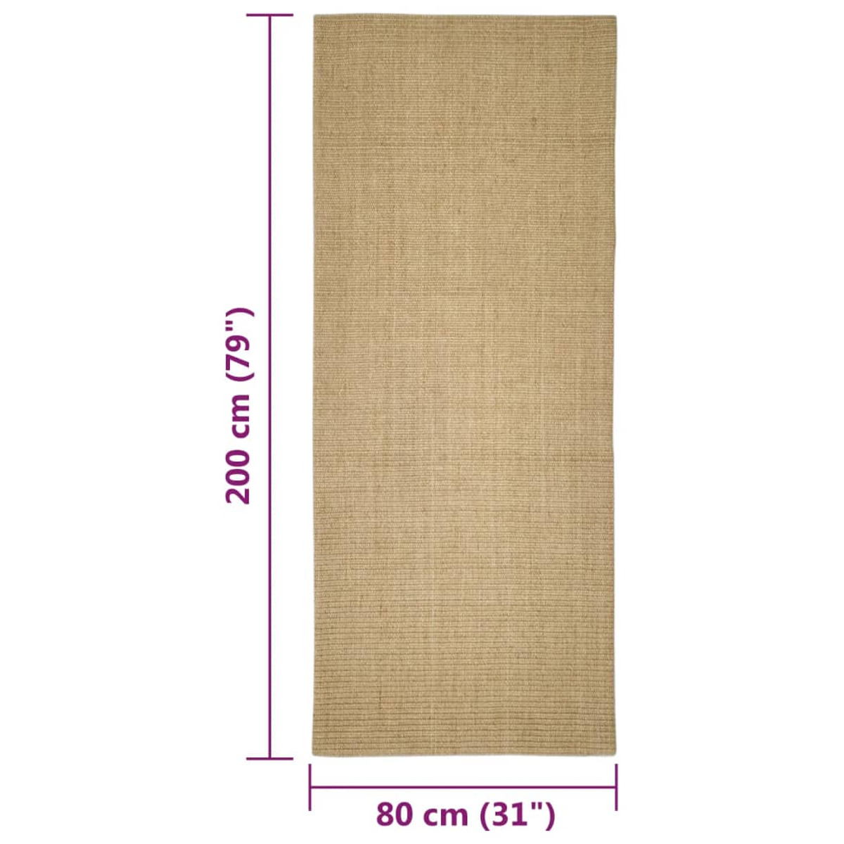 Ein rechteckiger, beiger Juteteppich mit Maßen von 200 mal 80 cm auf weißem Hintergrund.