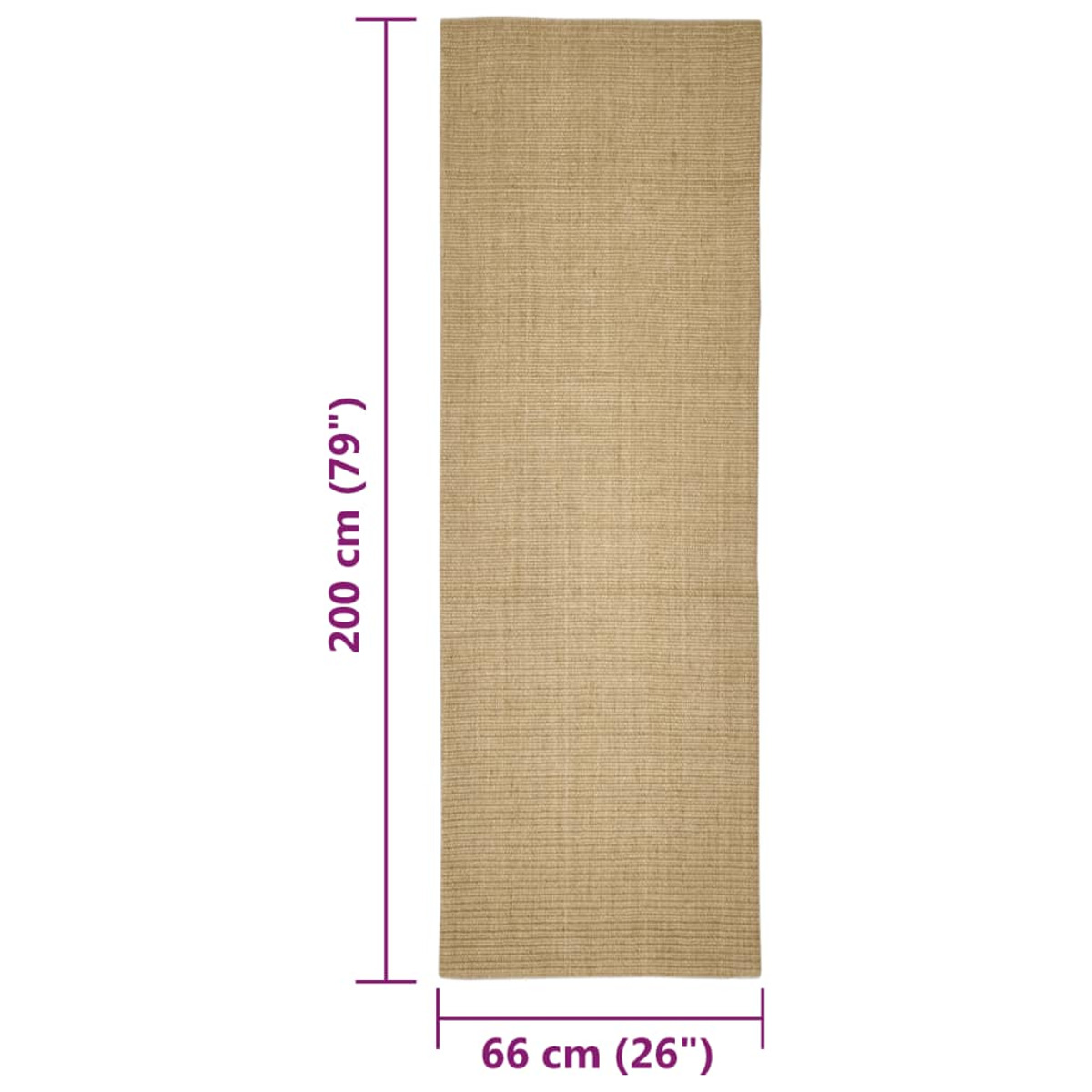 Ein rechteckiger, gewebter Juteteppich in Braun, 200 cm lang und 66 cm breit, vor weißem Hintergrund.