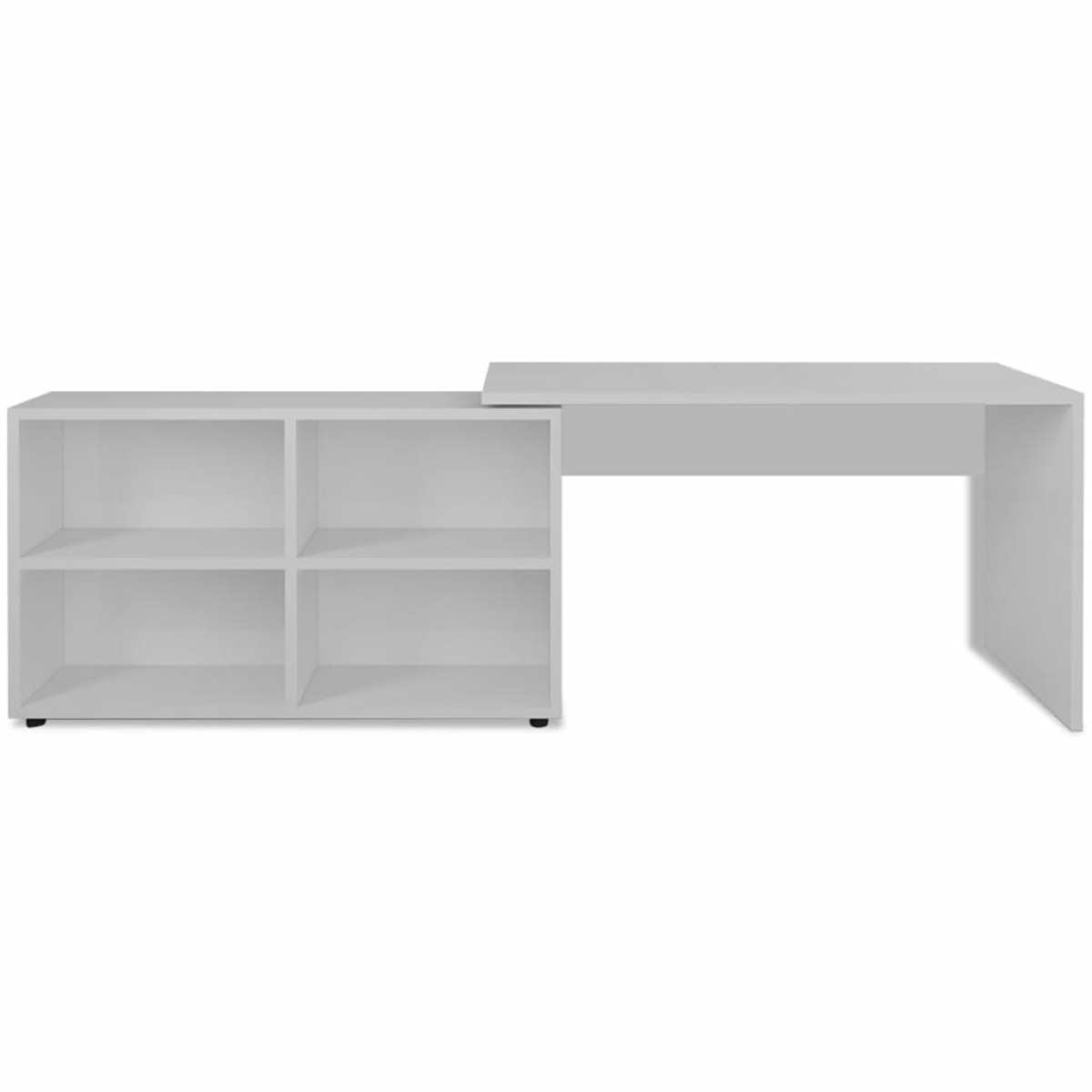 Un escritorio blanco moderno con estantería de 4 compartimentos sobre fondo blanco.