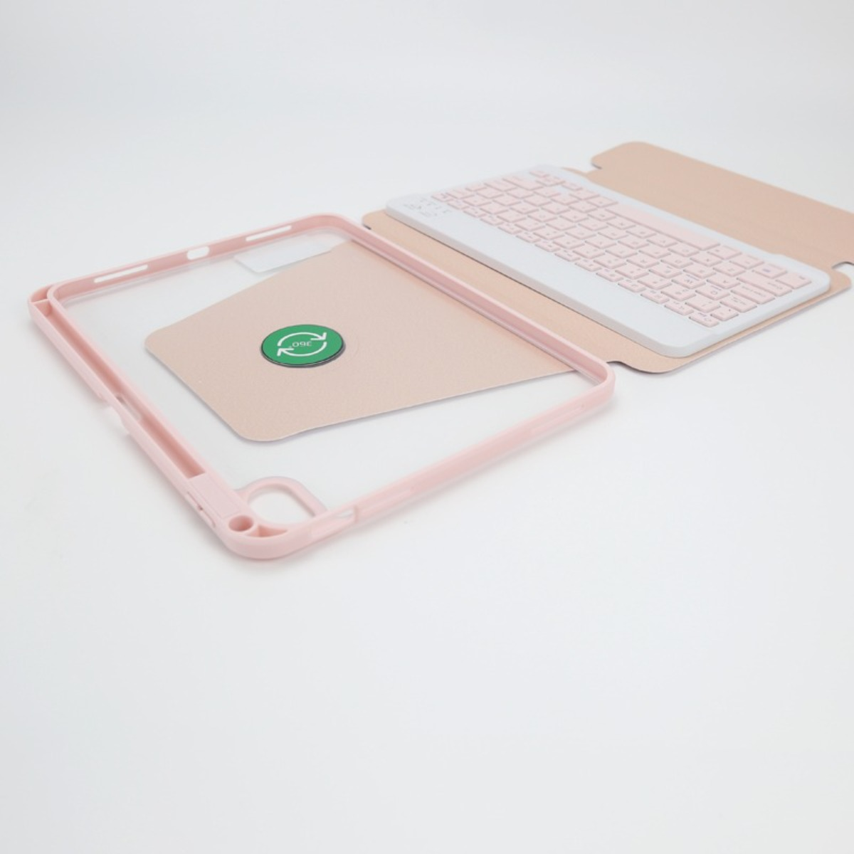 Una custodia rosa per tablet con tastiera integrata e simbolo di rotazione a 360 gradi su sfondo bianco.