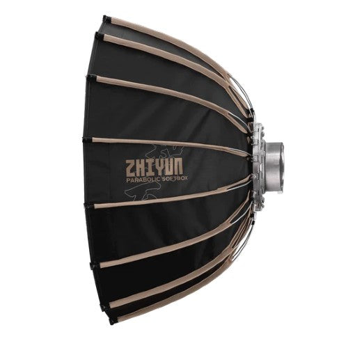 Seitenansicht einer schwarzen Zhiyun Parabolic Softbox mit beigen Stangen und silbernem Metallring auf weißem Grund.