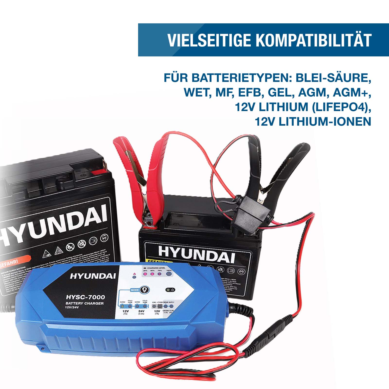 Blaues Hyundai HYSC-7000 Batterieladegerät mit zwei Hyundai-Batterien und roten und schwarzen Klemmen.