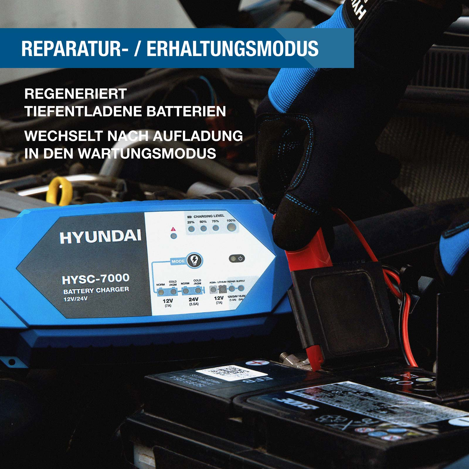 Blaue Hyundai-Batterieladeeinrichtung wird von einer Hand mit Handschuh an ein Autobatterie angeschlossen.