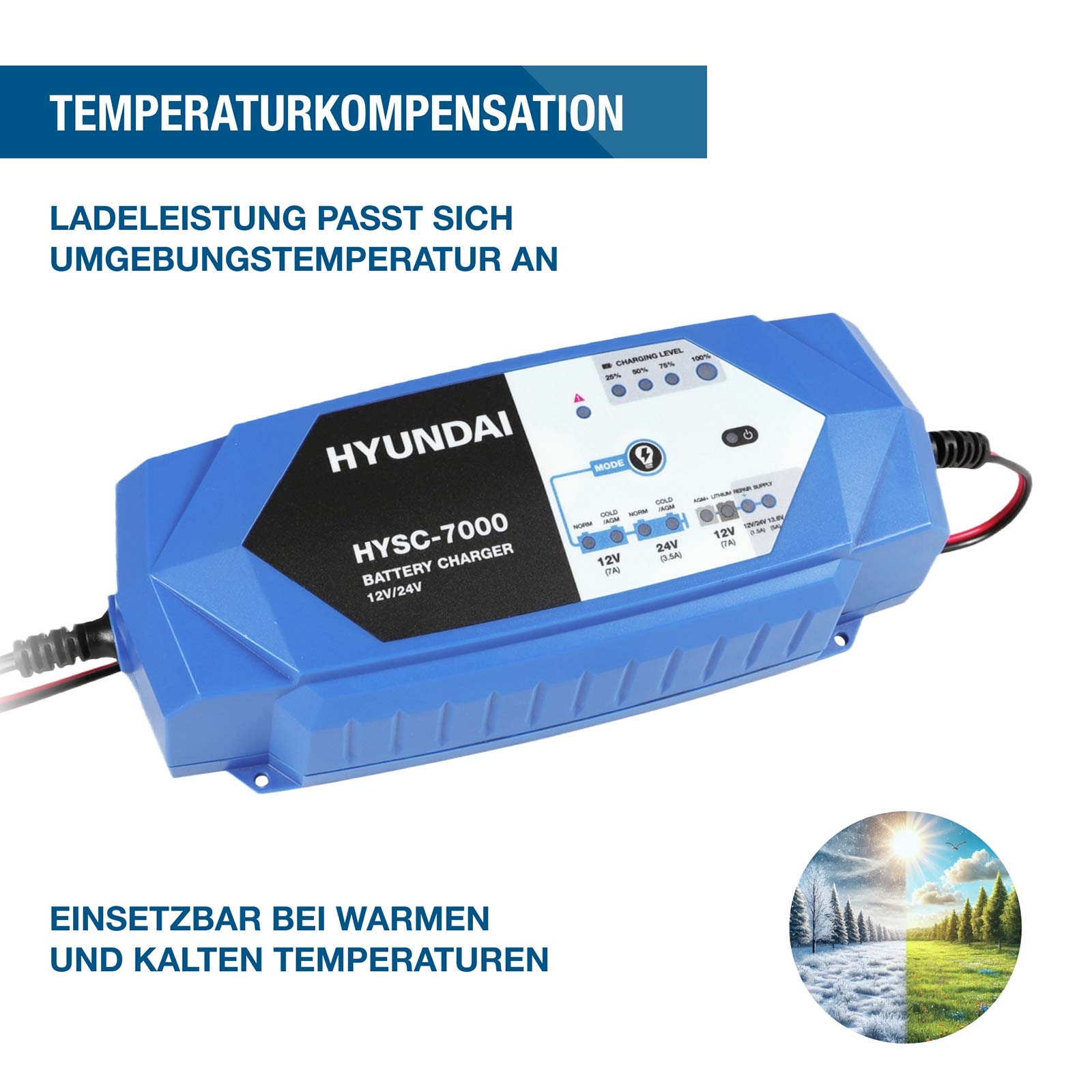 Blaues Hyundai HYSC-7000 Batterieladegerät mit Temperaturkompensation und LED-Anzeige.