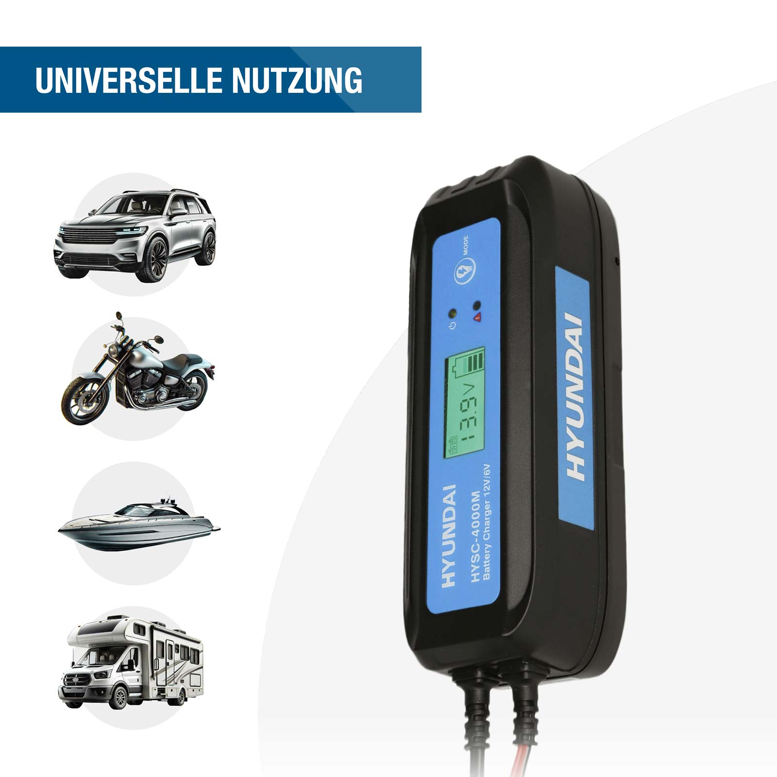 Hyundai Batterie-Ladegerät mit Symbolen für Auto, Motorrad, Boot und Wohnmobil.