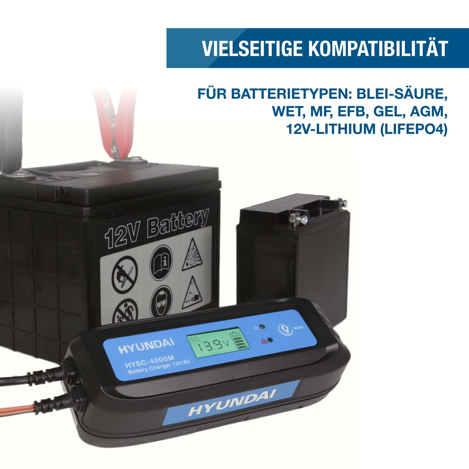 Hyundai Batterie-Ladegerät verbunden mit einer 12V-Autobatterie, zeigt Kompatibilität mit verschiedenen Batterietypen.