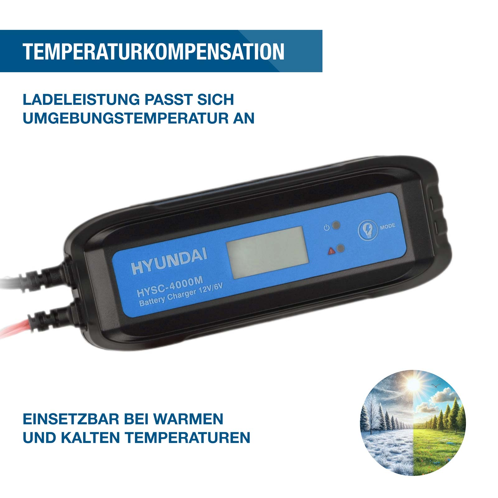 Hyundai Batterie-Ladegerät mit Temperaturkompensation für warme und kalte Umgebungen.