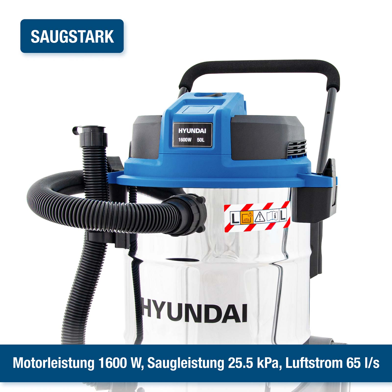 Ein blau-silberner Hyundai Nass-Trockensauger mit 1600W Motor und schwarzem Schlauch auf weißem Hintergrund.