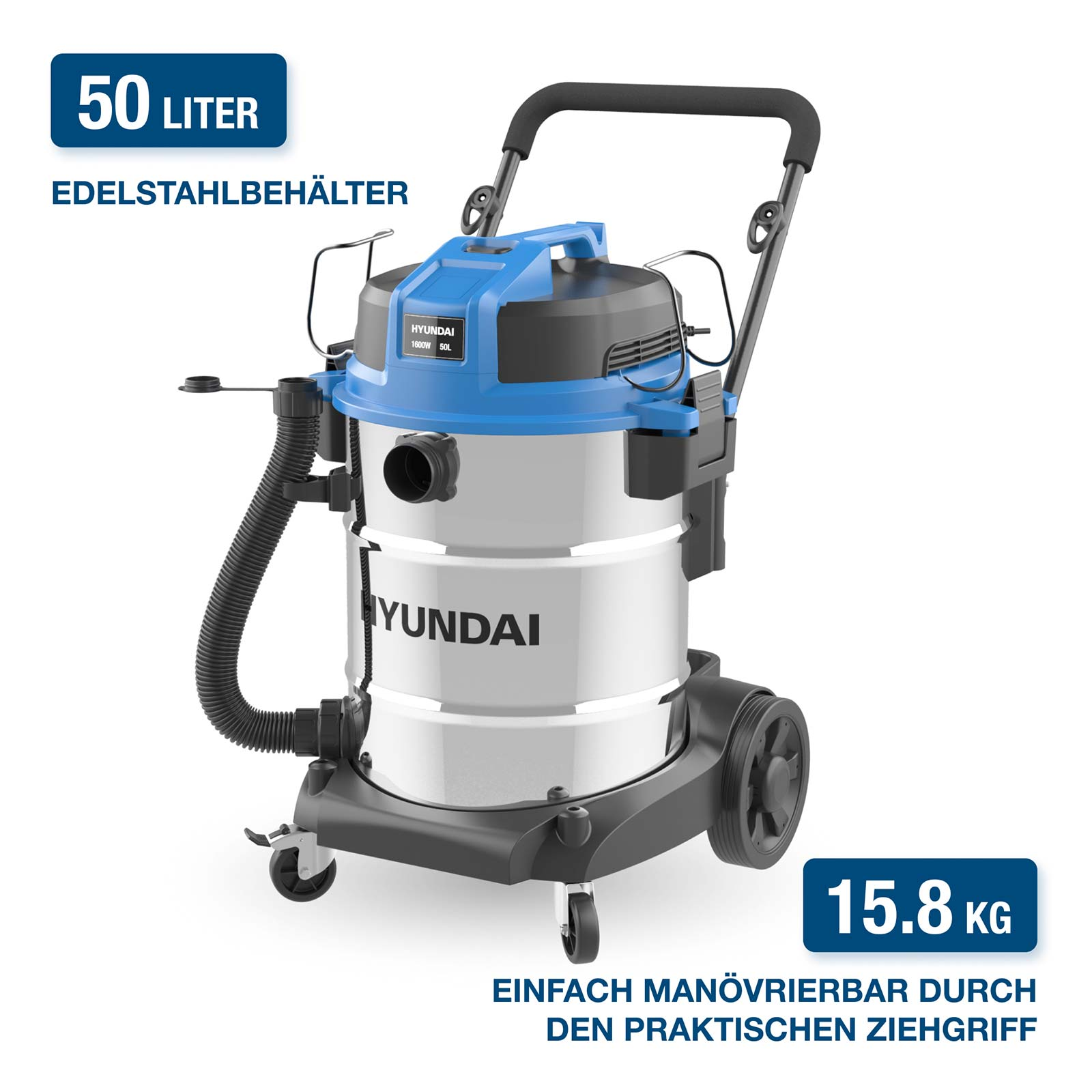 Ein blauer und silberner Hyundai Nass-Trockensauger mit 50-Liter-Edelstahlbehälter und Griff.