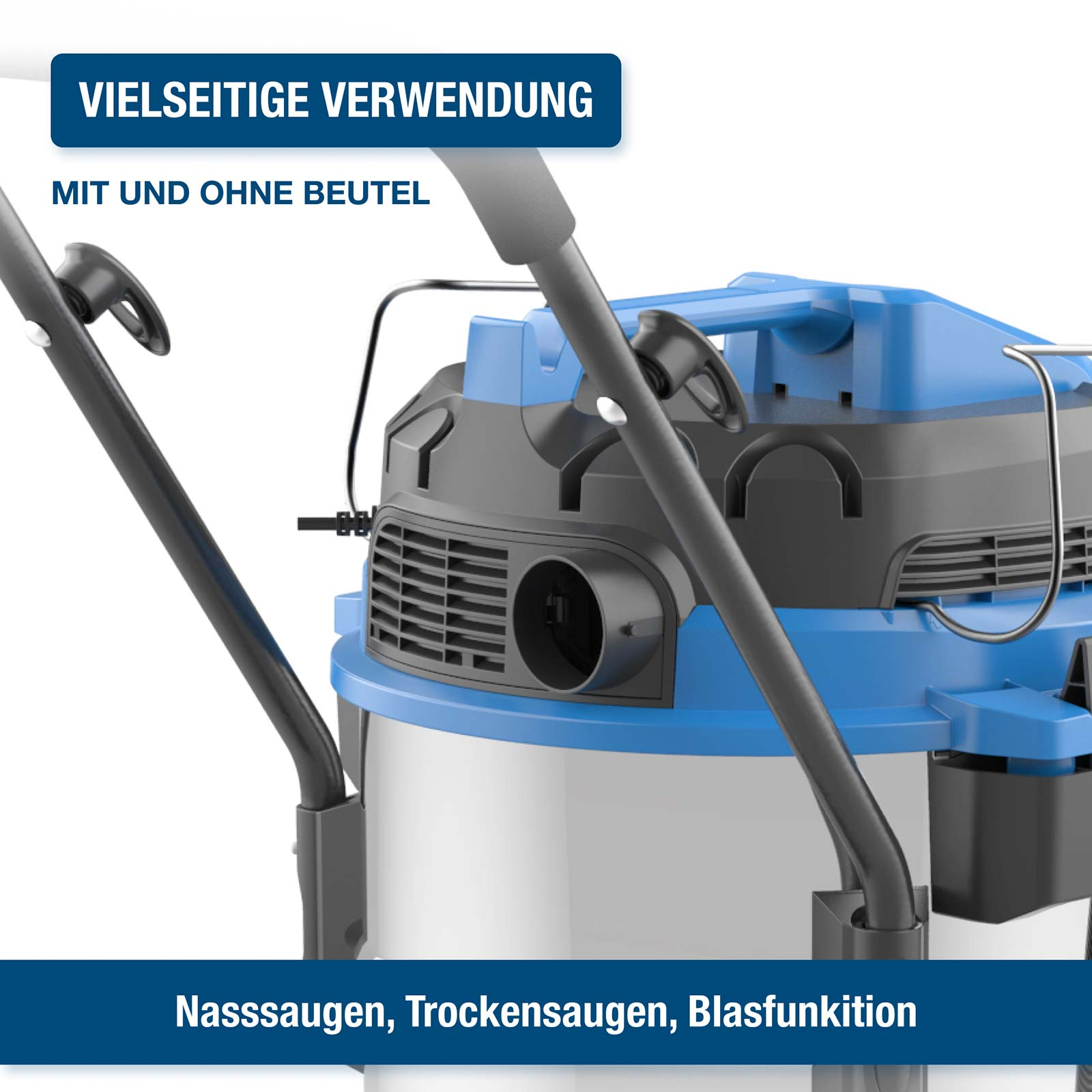 Ein blauer und silberner Nass-Trockensauger mit Haltegriff und Textüberlagerung zu vielseitigen Funktionen.