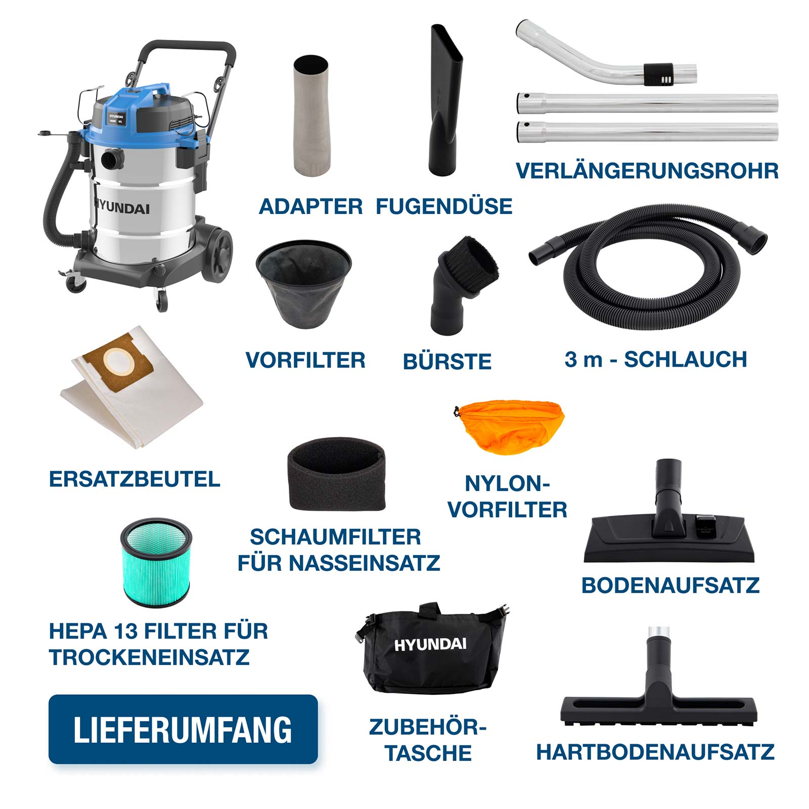 Hyundai Staubsauger mit umfangreichem Zubehör wie Rohren, Filtern, Schlauch und Aufsätzen auf weißm Hintergrund.