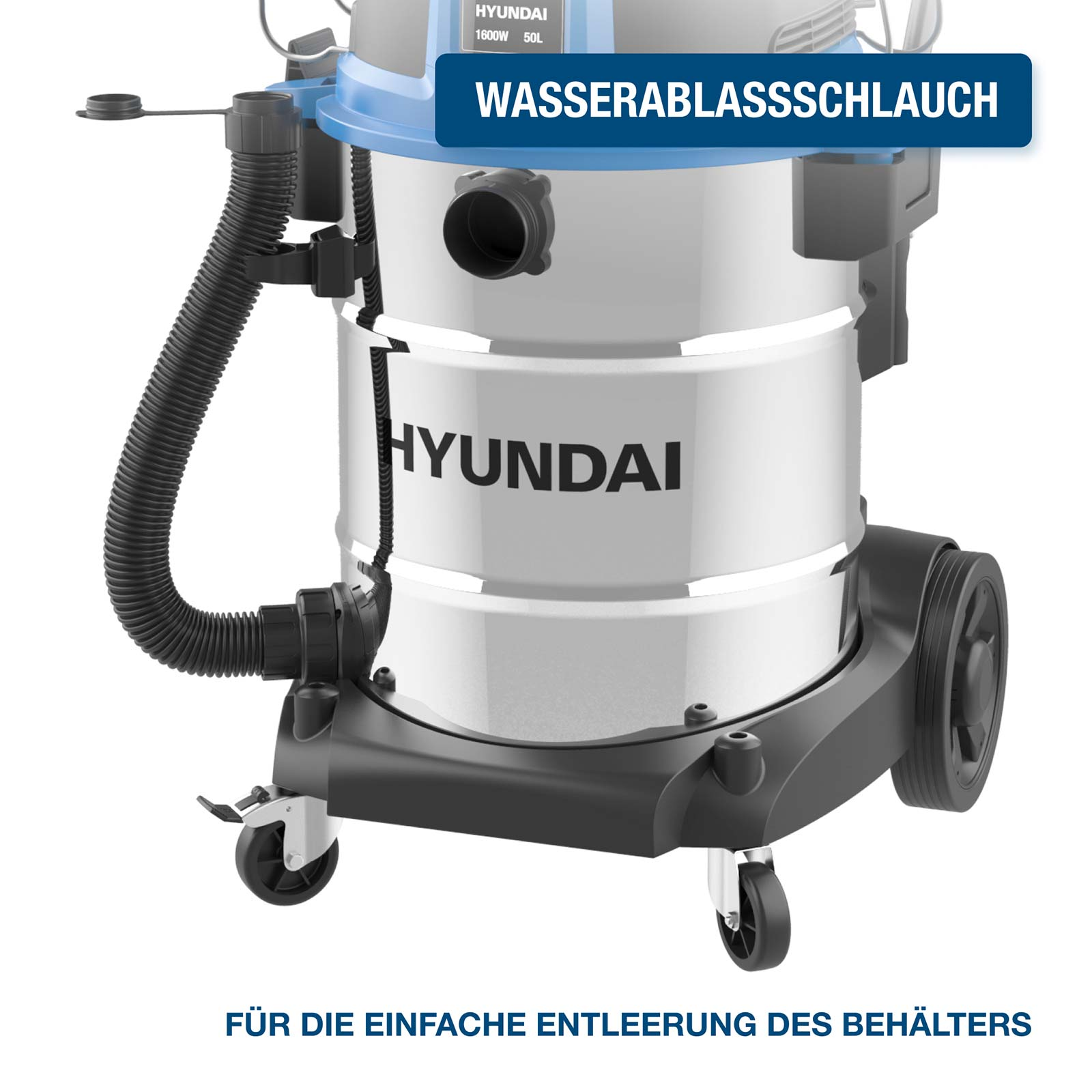 Hyundai Wasserablassschlauch an einem blauen und silbernen Nass- und Trockensauger mit Rädern.
