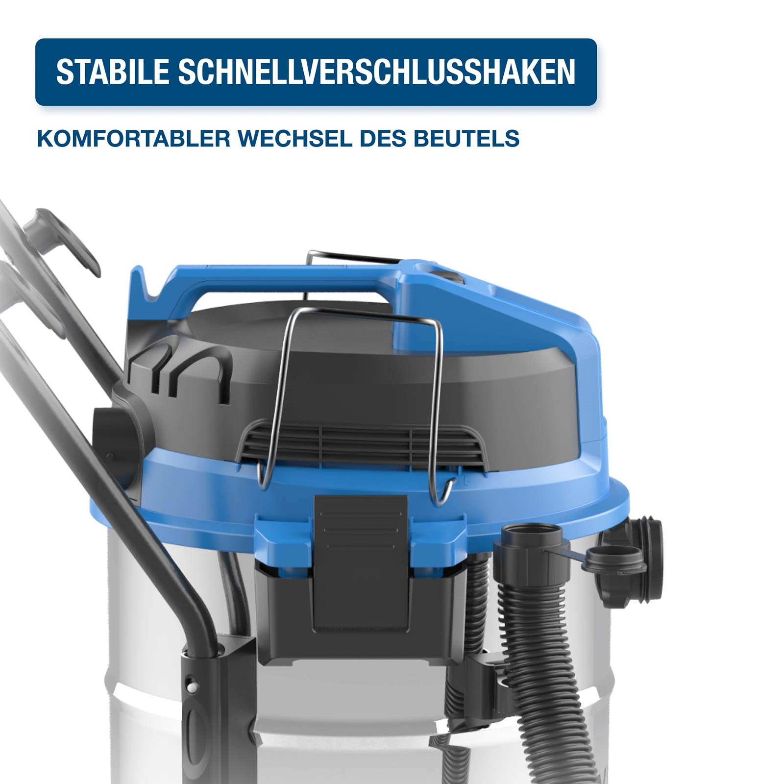 Stabile Schnellverschlusschaken und komfortabler Wechsel des Beutels bei einem blauen Staubsauger.
