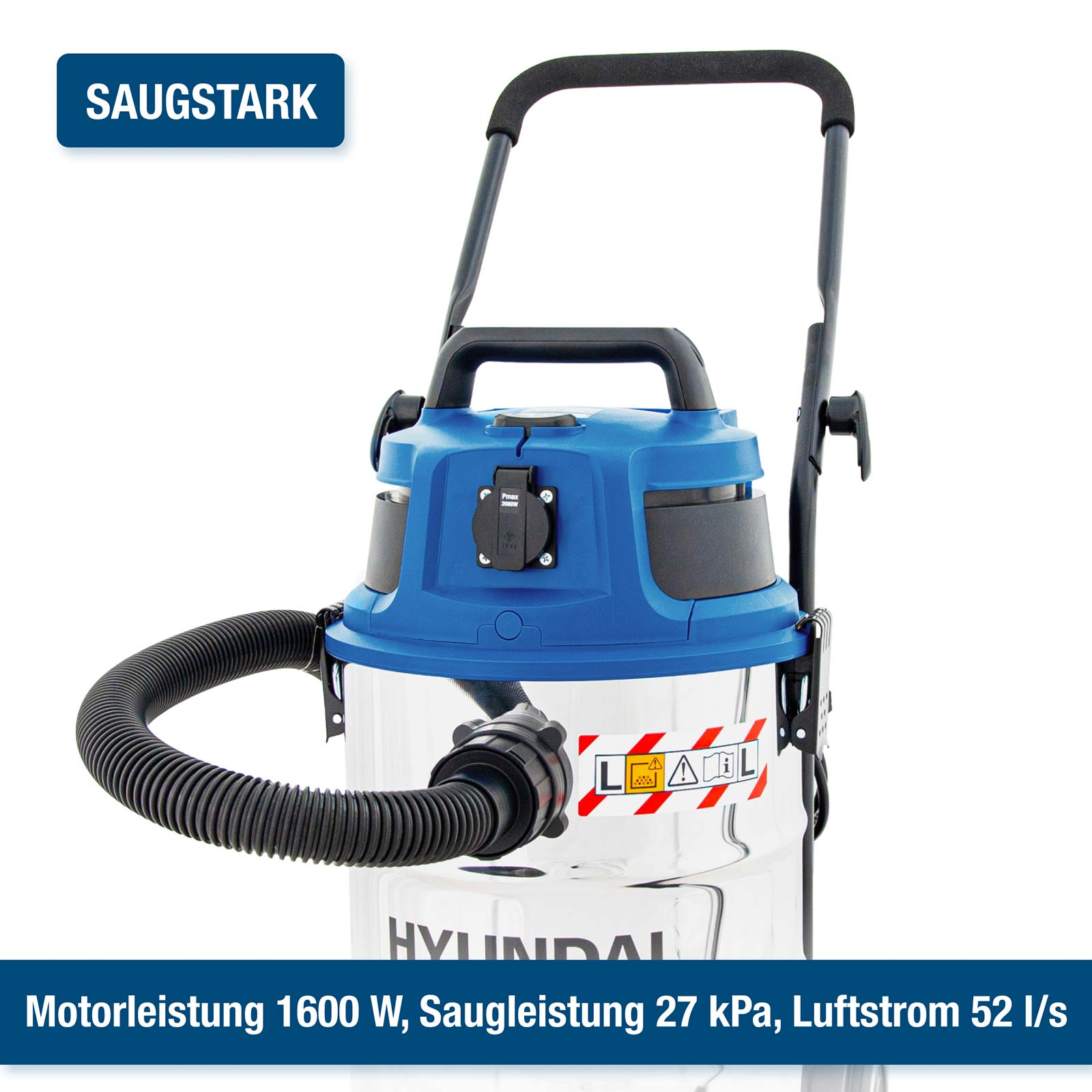 Ein blauer und silberner Industriestaubsauger mit schwarzem Schlauch und Metallgriff.