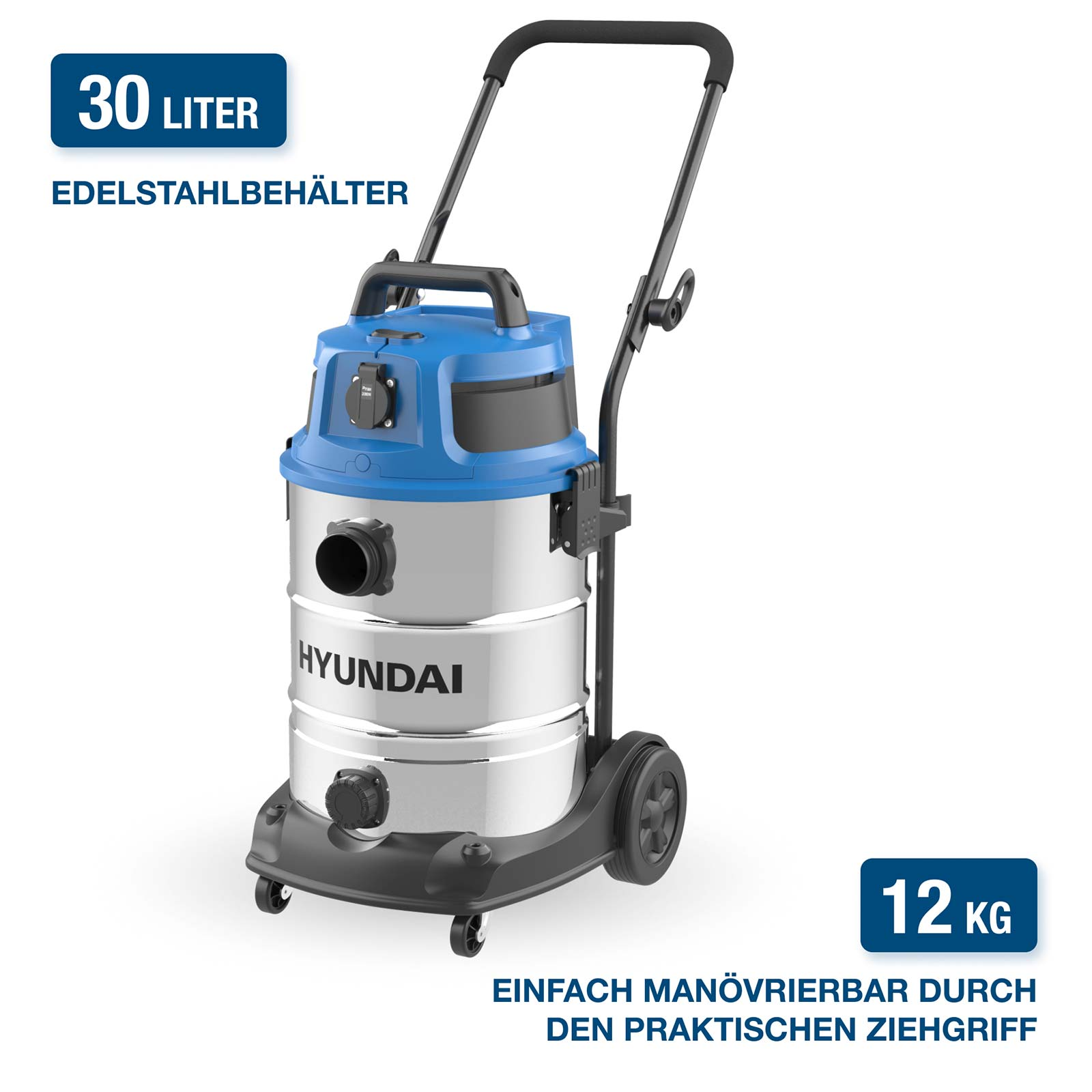 Ein blauer und silberner Hyundai Industriesauger mit 30 Litern Fassungsvermögen, Rädern und Ziehgriff vor weißem Hintergrund.
