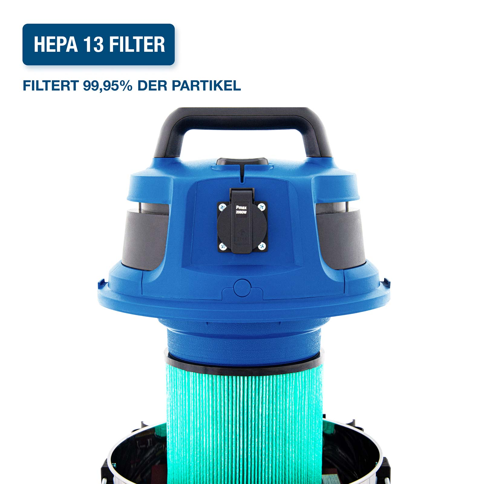 Ein blauer Staubsaugerkopf mit schwarzem Griff und grünem HEPA 13 Filter auf weißem Hintergrund.