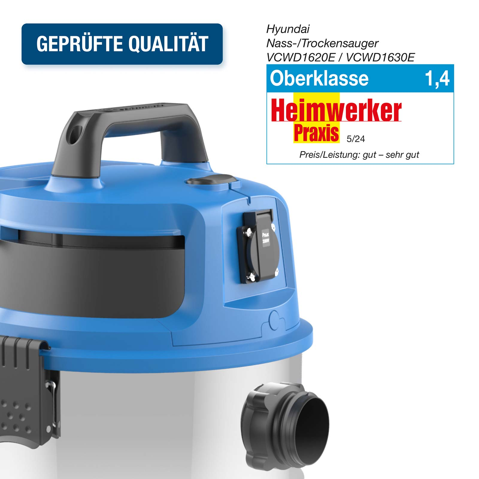 Ein blauer Hyundai Nass-Trockensauger mit schwarzem Griff und Auszeichnung von Heimwerker Praxis.