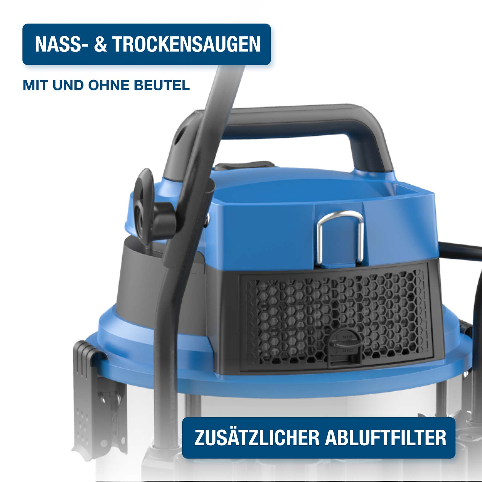 Blauer Nass- und Trockensauger mit Tragegriff und Abluftfilter.
