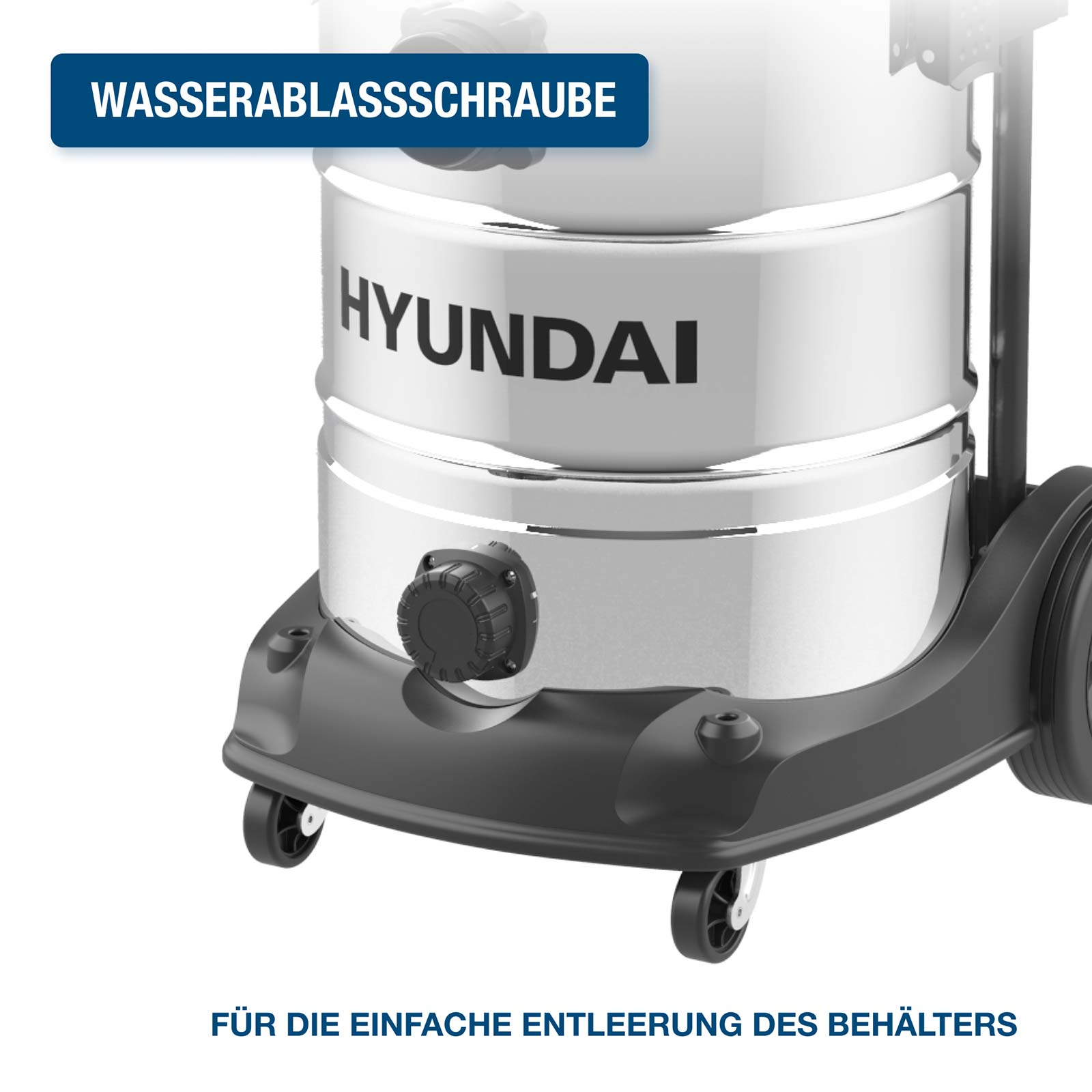 Hyundai Nass- und Trockensauger mit Wasserablassschraube am silbernen Behälter zur einfachen Entleerung.