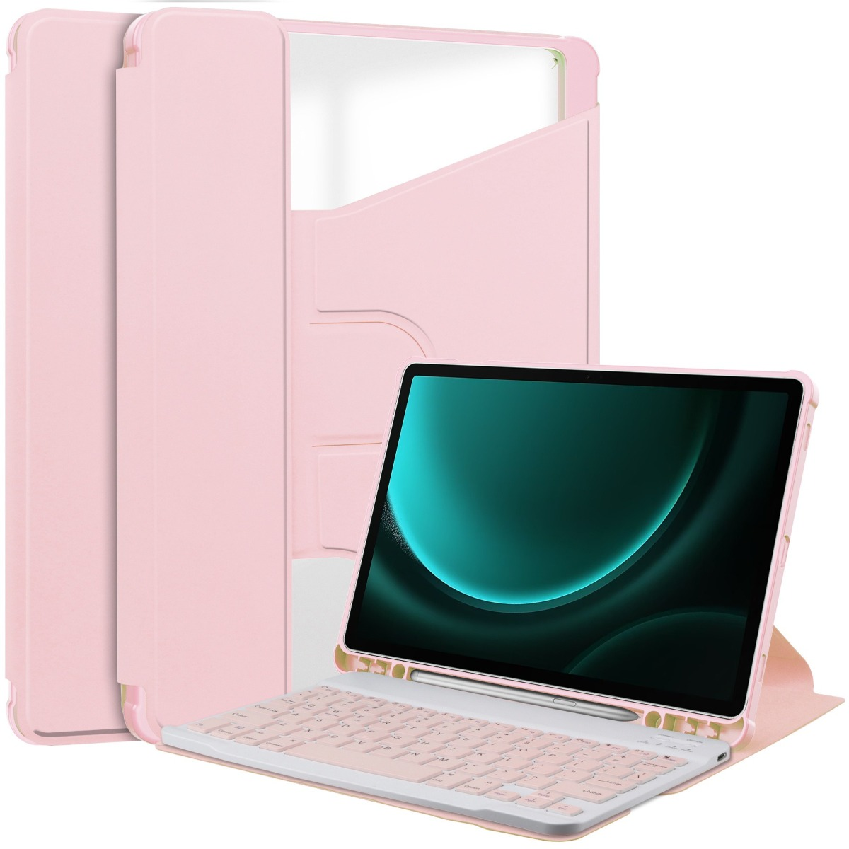 Custodia rosa per tablet con tastiera integrata e portastilo su sfondo bianco.