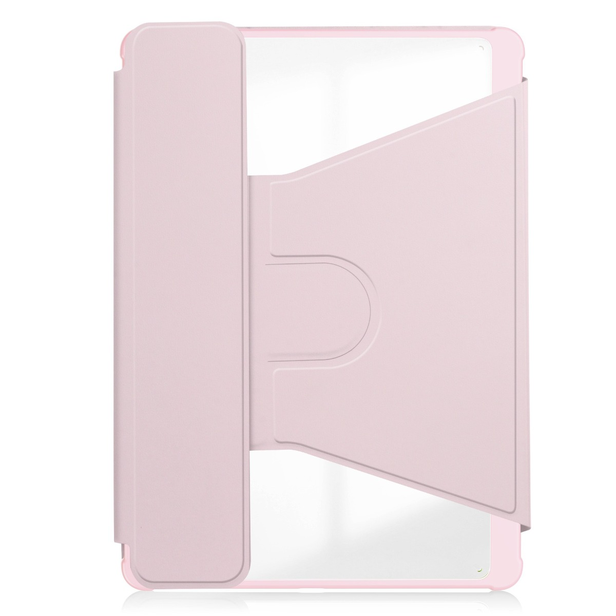 Una custodia per tablet rosa chiaro con supporto pieghevole integrato sul retro.