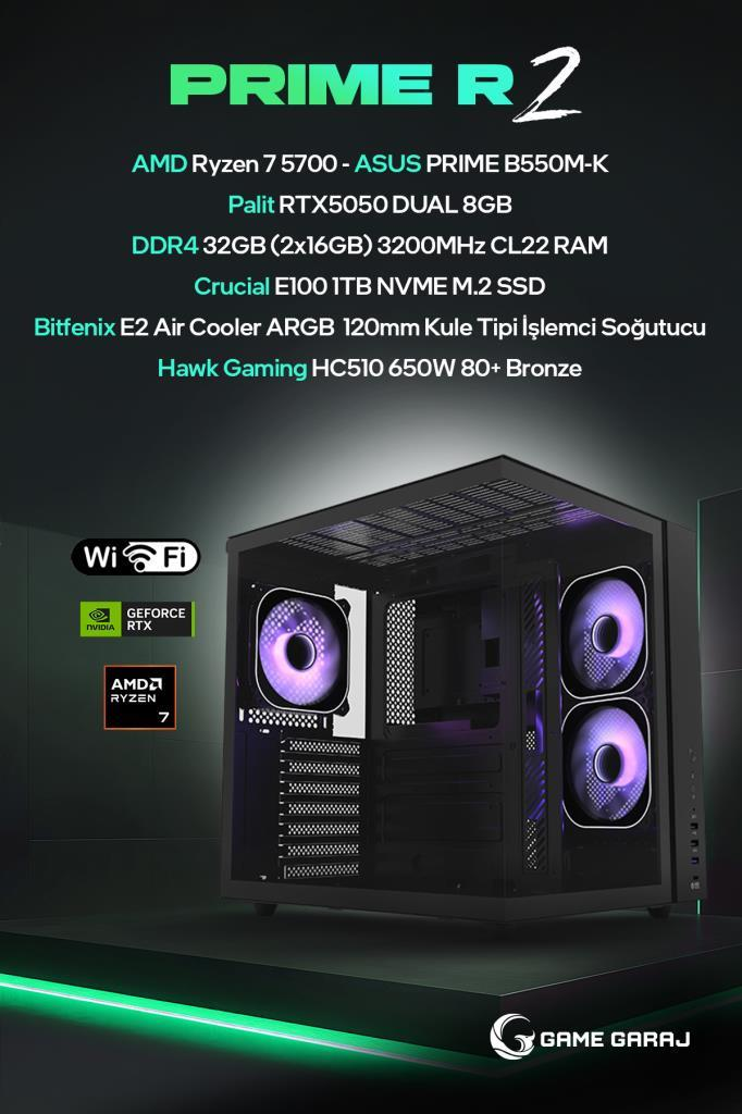 AMD Ryzen 7, RTX 5050, 32GB RAM ve 1TB SSD'ye sahip Prime R2 oyuncu bilgisayarı, mor fanlı siyah kasada.