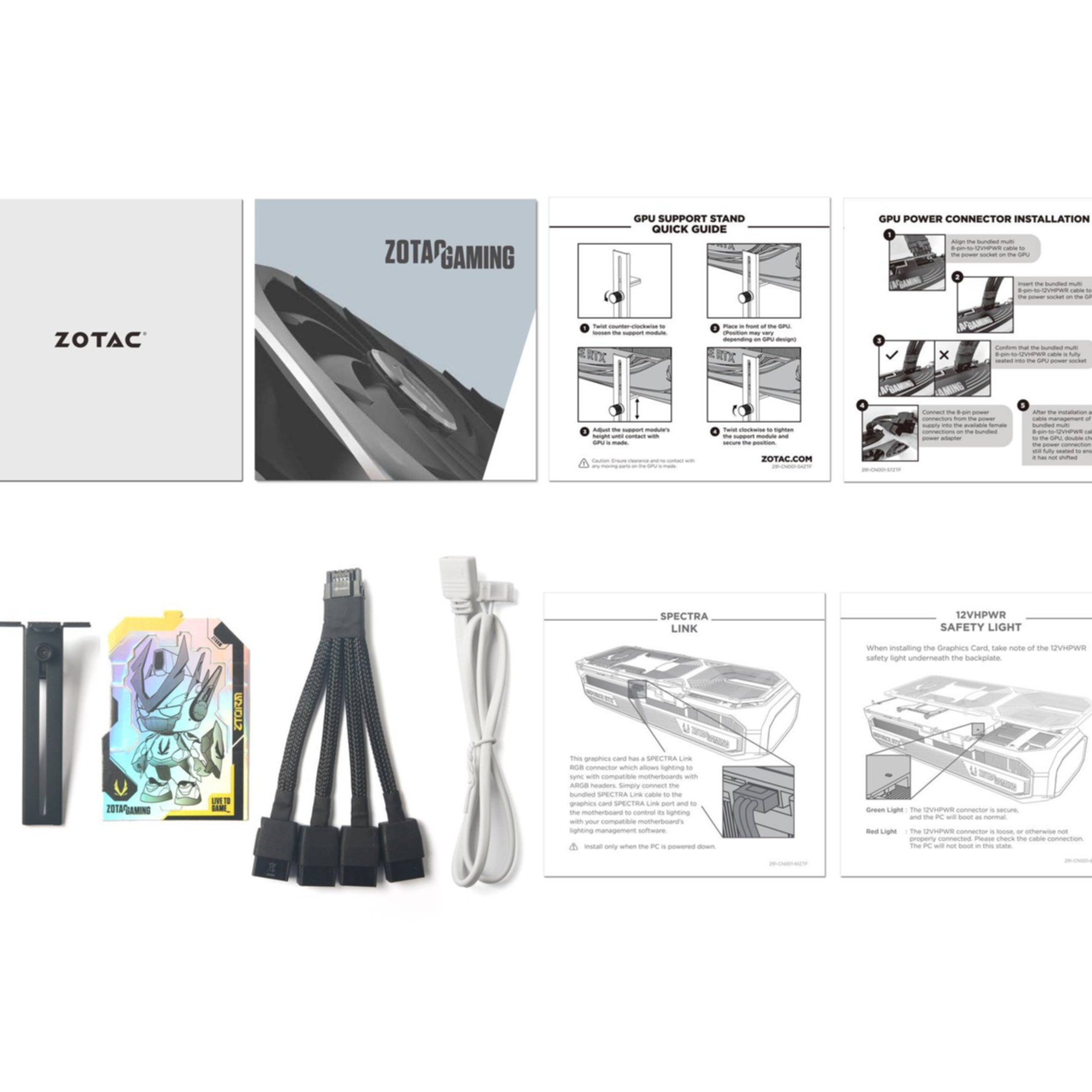 Accessori per scheda grafica Zotac tra cui manuali, supporto GPU e cavi.